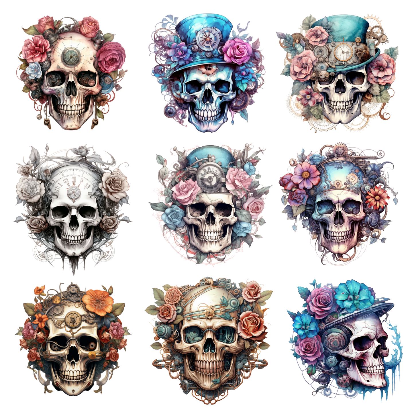 Floral Steampunk Skull - Uv Dtf Decal Sheet