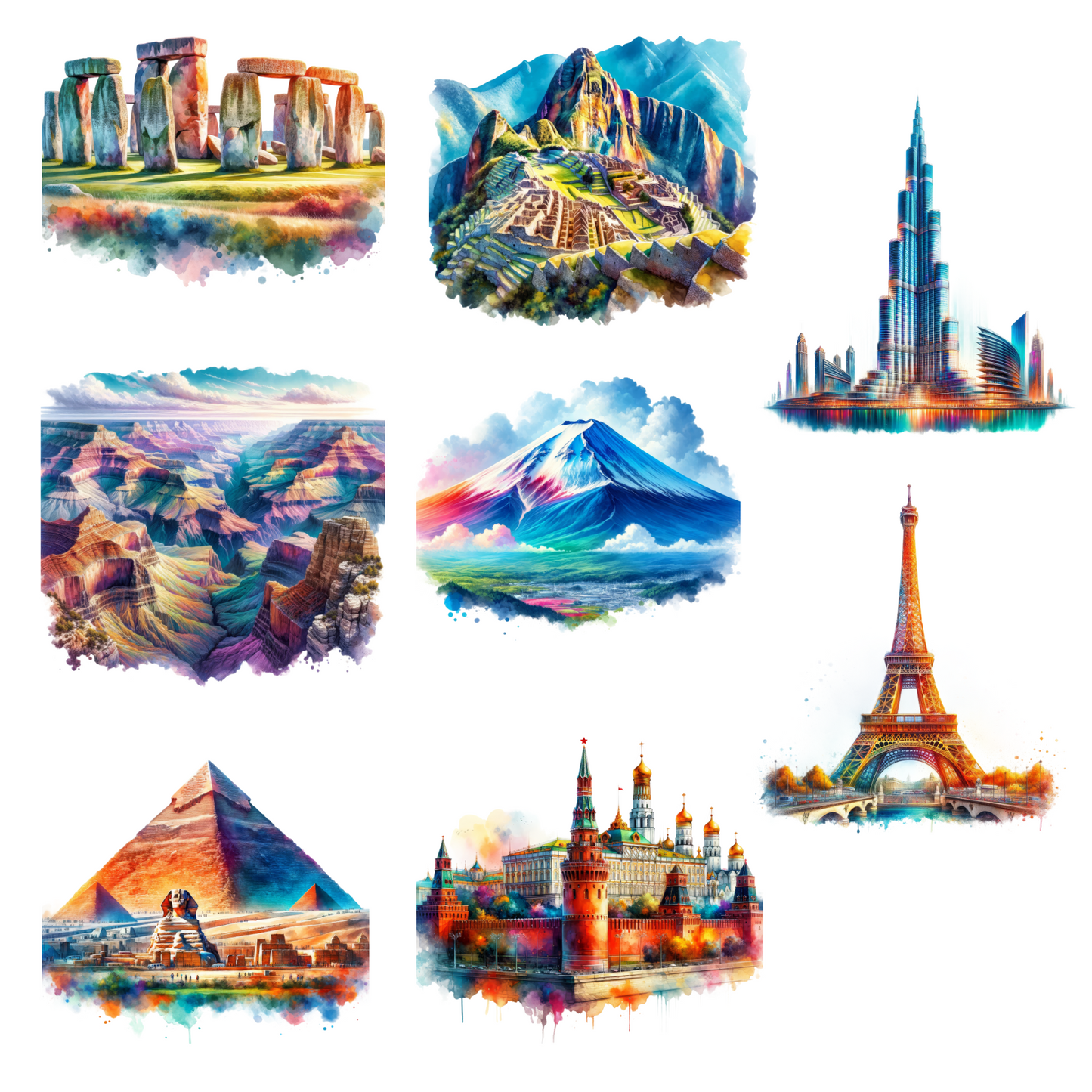 Watercolor Monuments - UV DTF Decal sheet