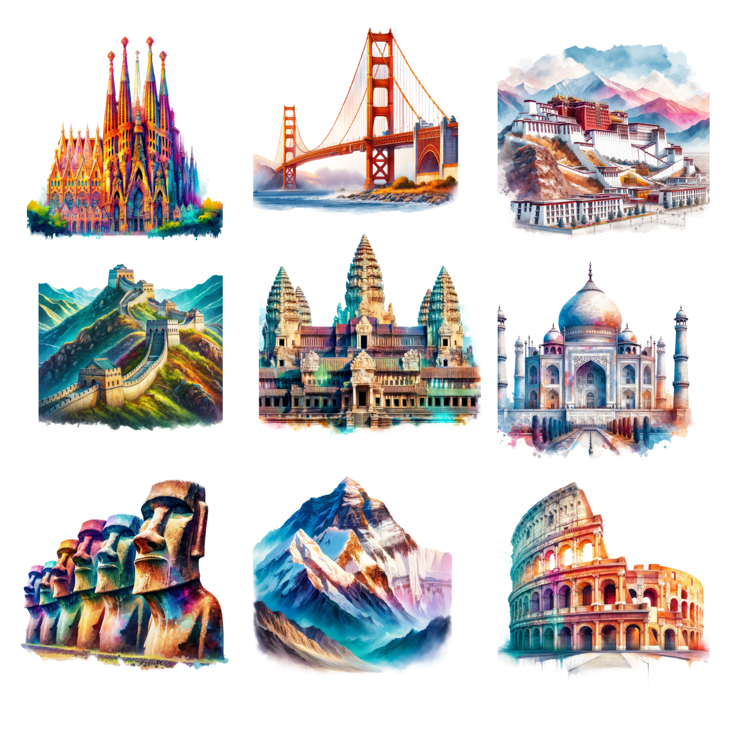 Watercolor Monuments - UV DTF Decal sheet