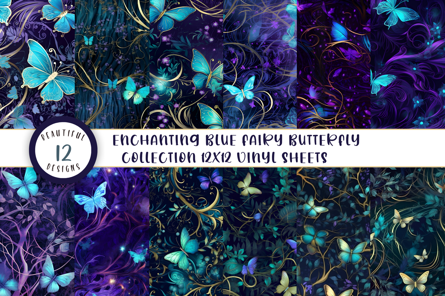 Enchanting Blue Faries and Butterflies - Adhesive Vinyl 12x12 Sheets - 12 Design Options