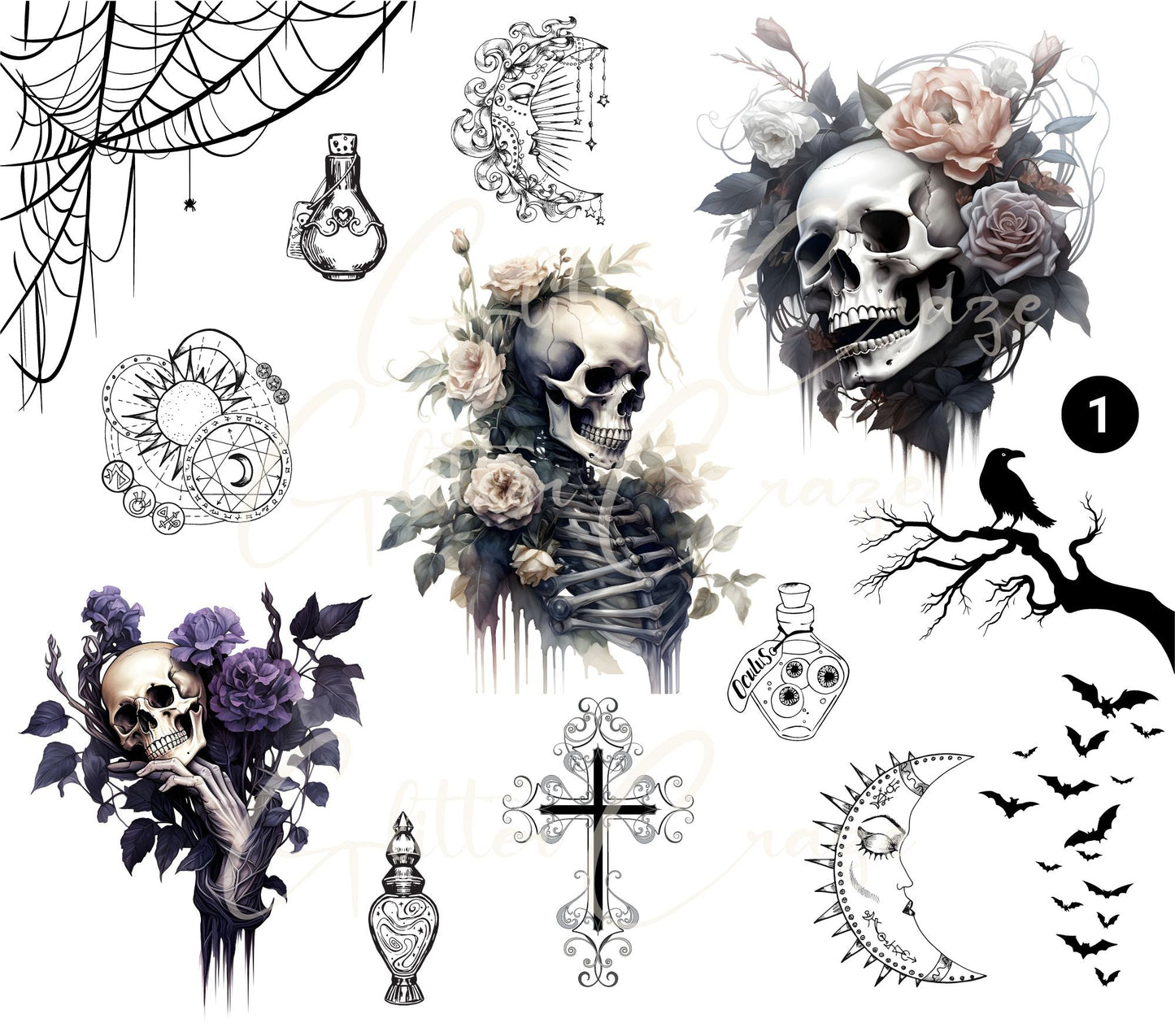 Skulls and flowers - UV DTF Decal sheets- 3 Designs