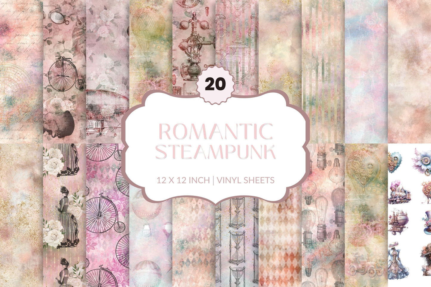 Romantic Steampunk - Adhesive Vinyl 12x12 sheets - 20 Designs