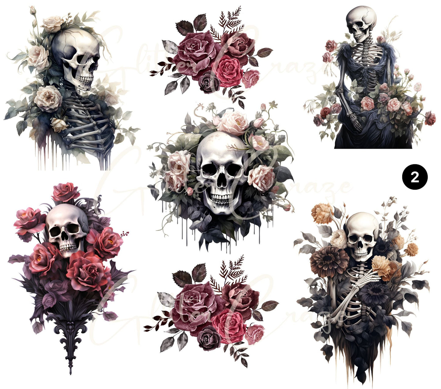 Skulls and flowers - UV DTF Decal sheets- 3 Designs