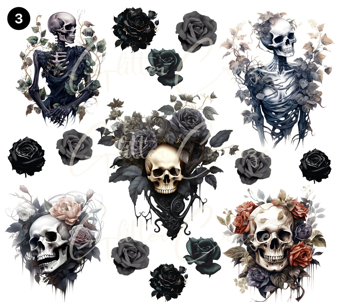 Skulls and flowers - UV DTF Decal sheets- 3 Designs