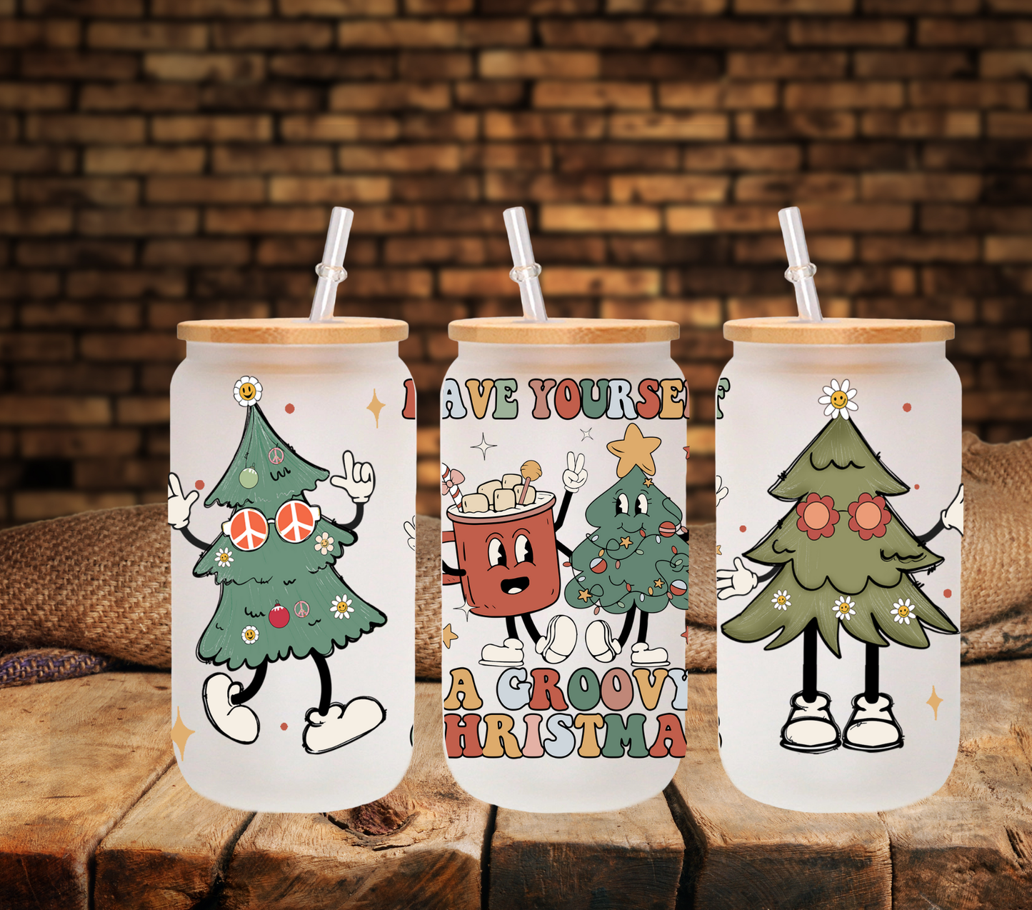 Groovy Little Christmas - UV DTF 16oz Libbey wrap