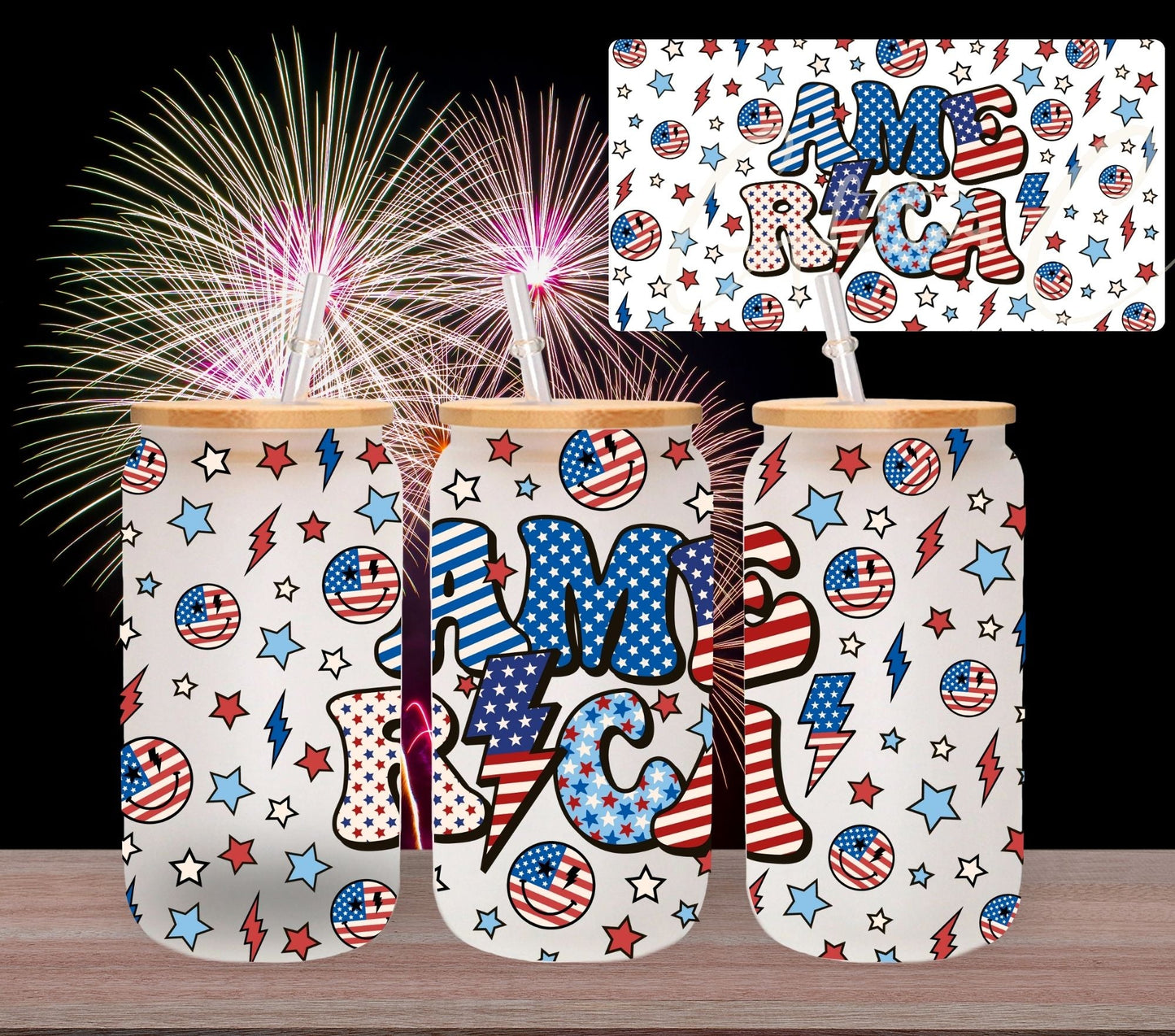 America Smiles - UV DTF 16oz Libbey wrap