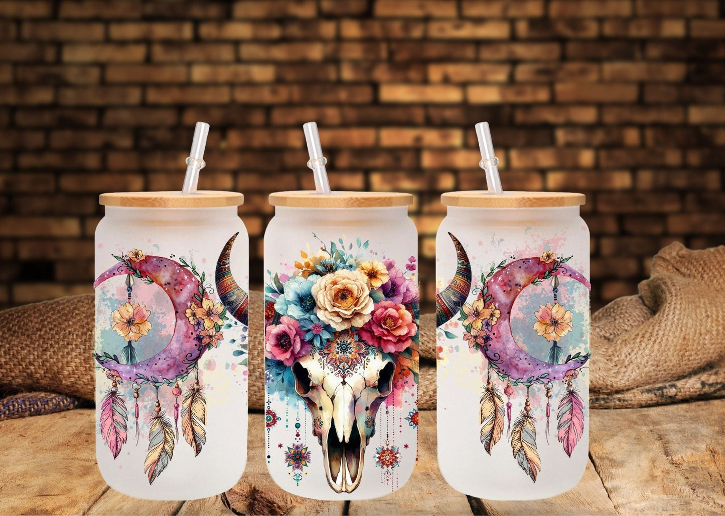 Bull skull and feathers - UV DTF 16oz Libbey wrap