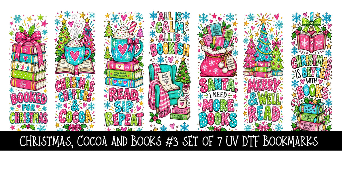 Christmas, Cocoa and Books Bookmark UV DTF Decal sheet- 7 Designs per sheet 3 sheet options