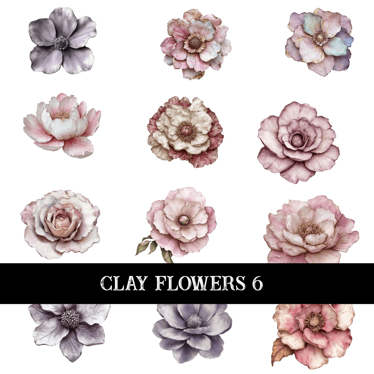 Clay Flowers UV DTF Decal Sheets 6 Designs