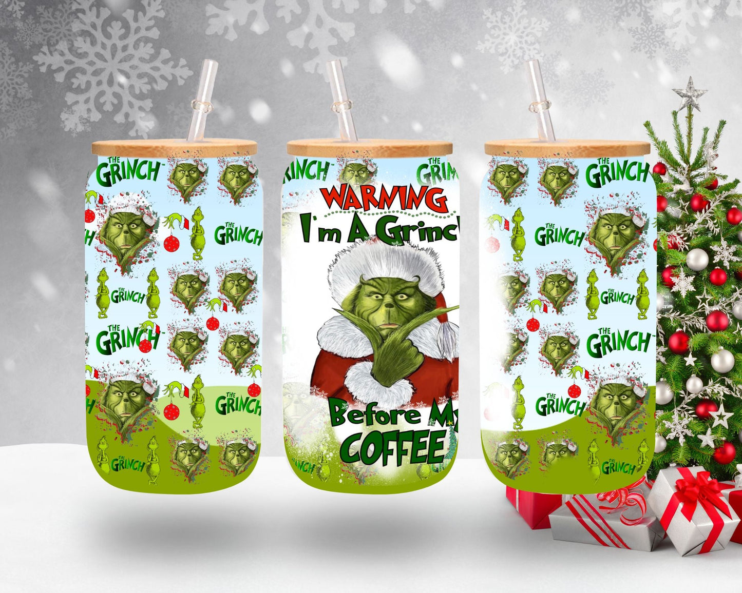 Grinch Before Coffee - UV DTF 16oz Libbey wrap