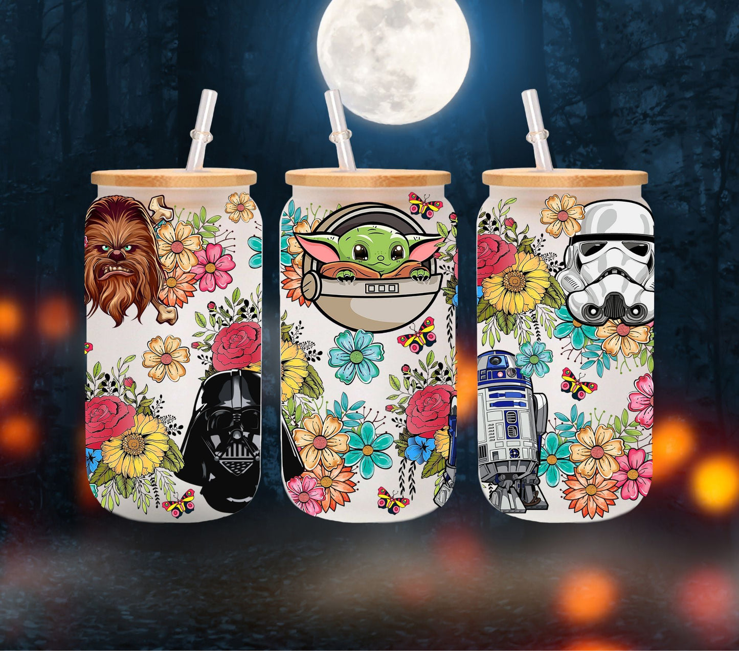 Floral Star Wars - UV DTF 16oz Libbey wrap