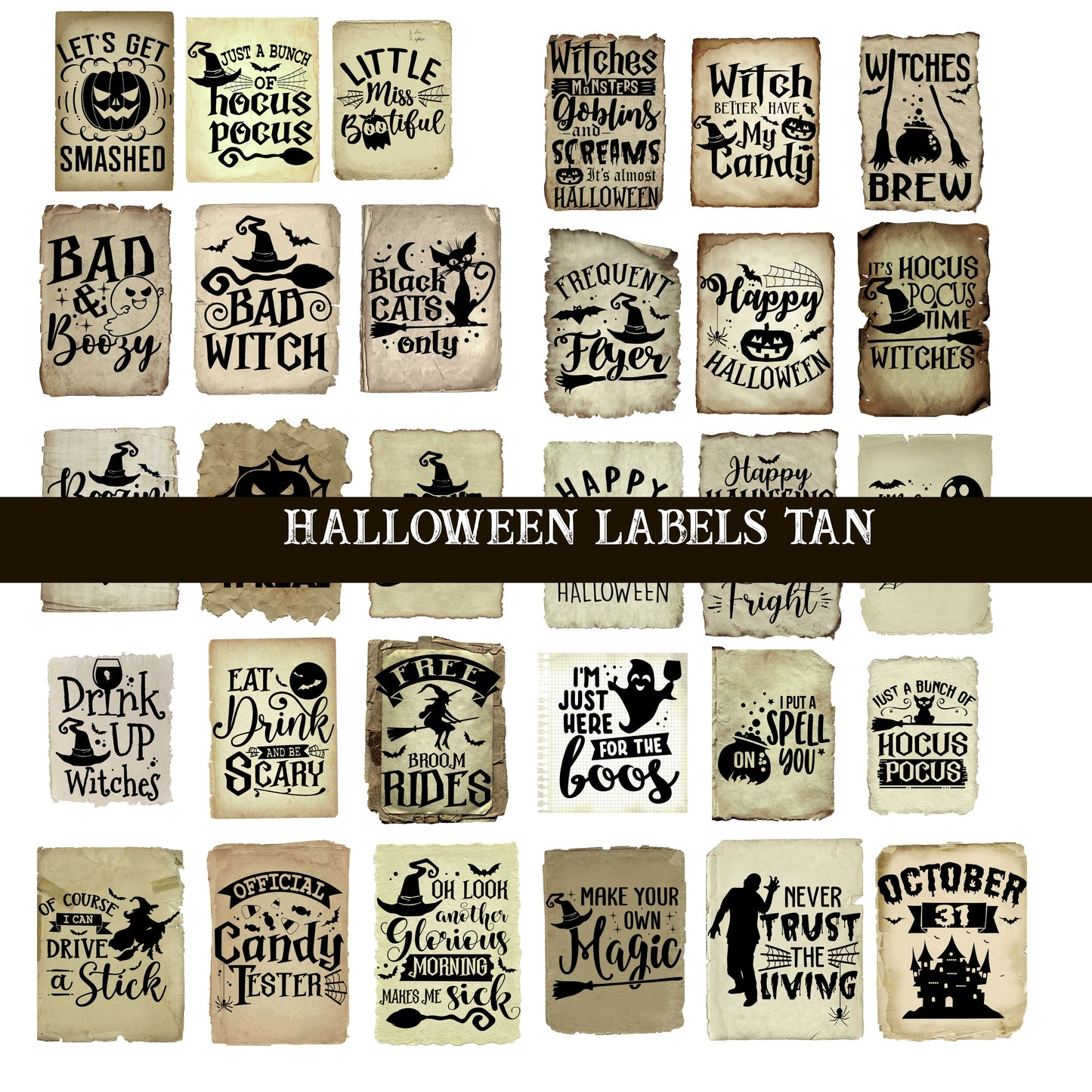 Halloween Labels tan UV DTF Decal sheet