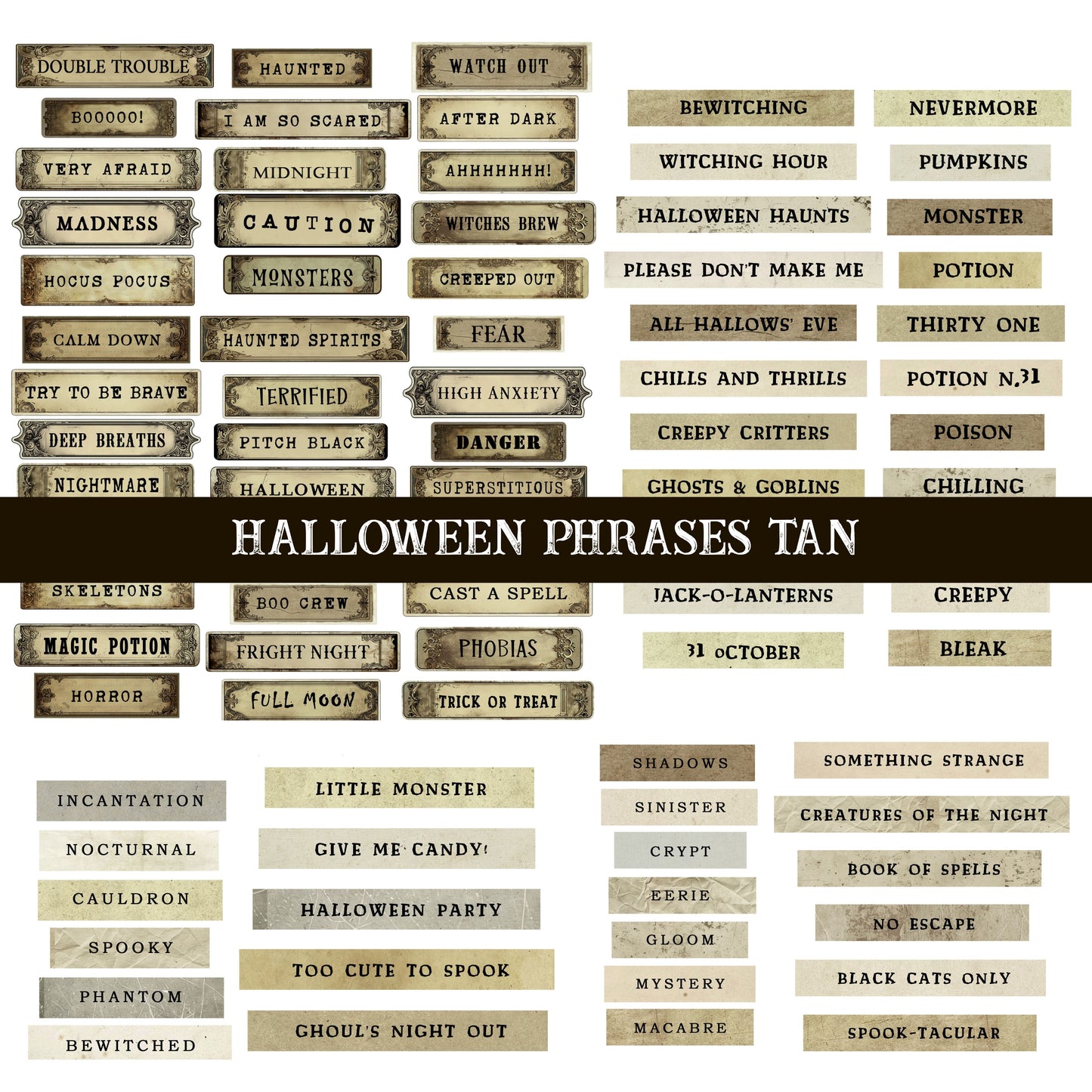 Halloween Phrases Tan UV DTF Decal sheet