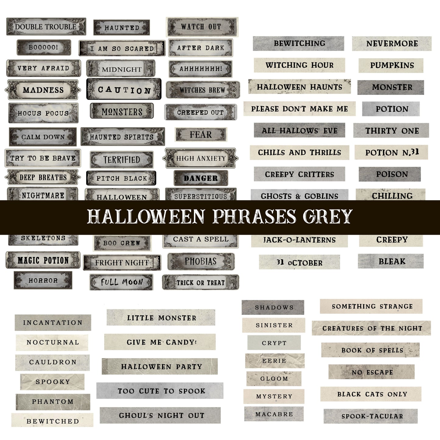 Halloween Phrases grey UV DTF Decal sheet