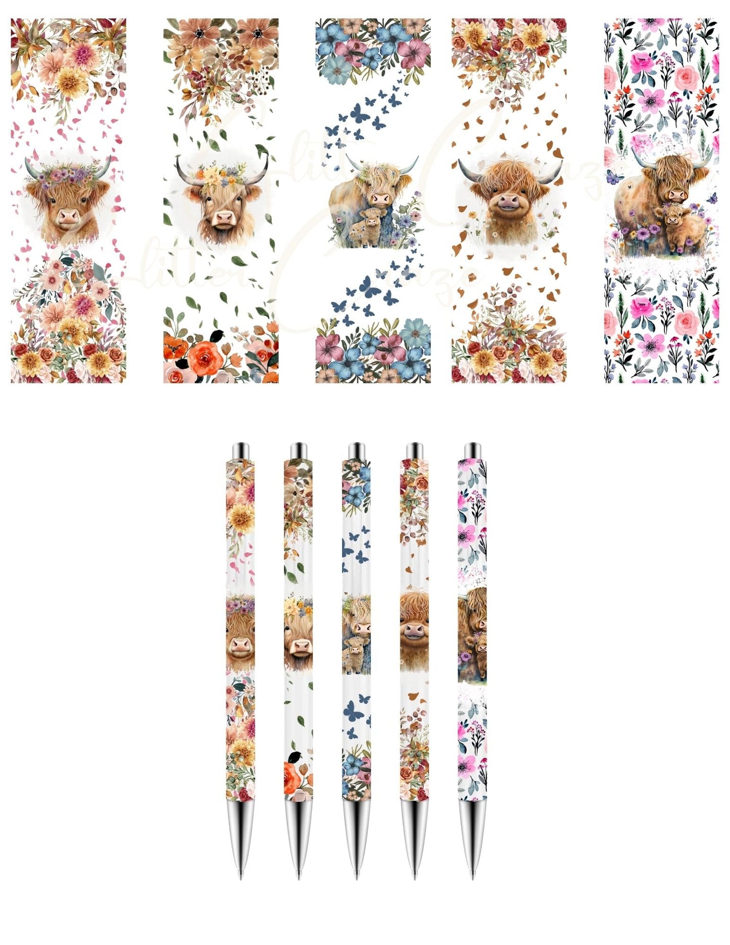 Highland floral - UV DTF Stainless Pen wraps - set of 5
