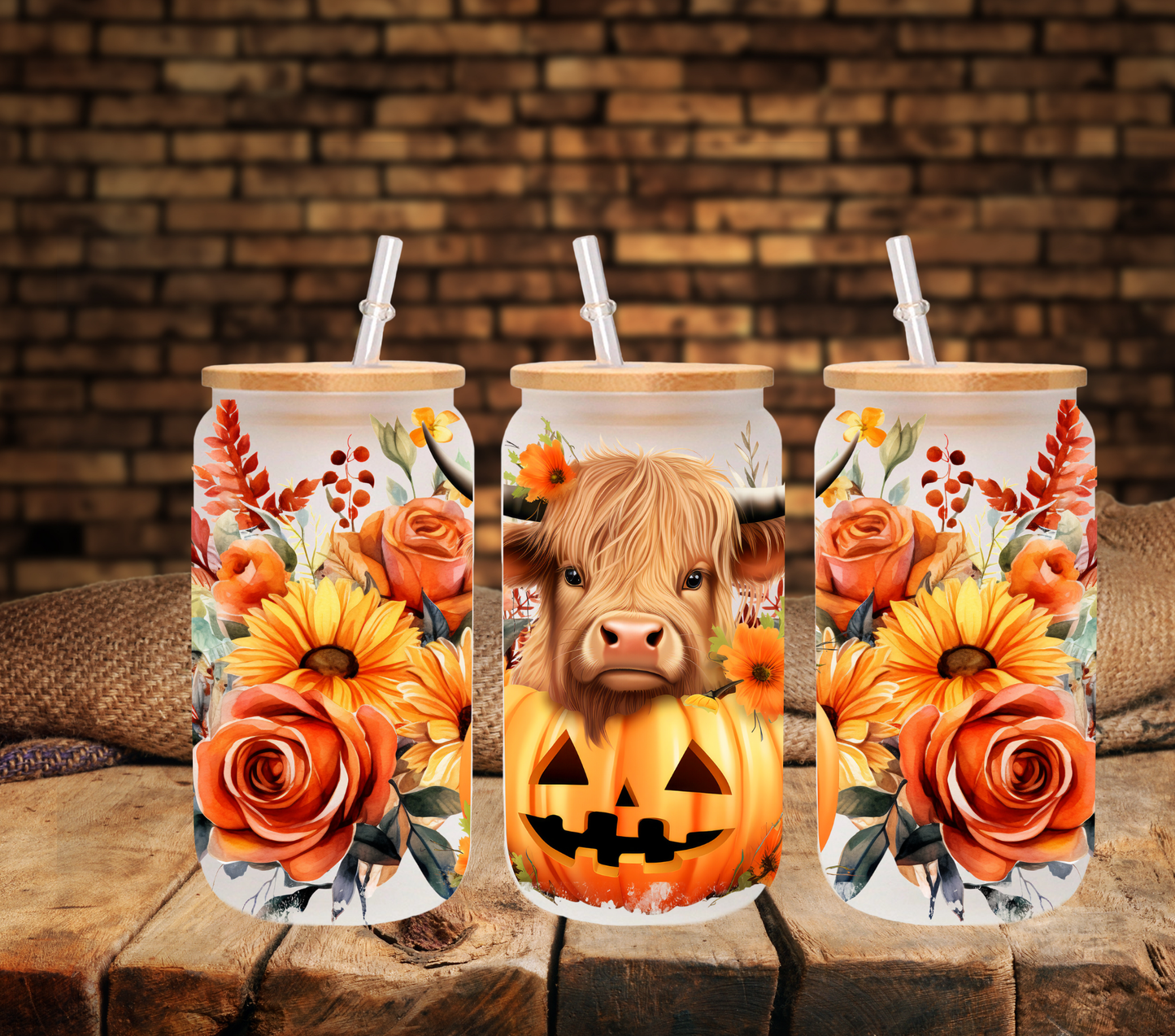 Highland cow in a Jack-o-Lantern - UV DTF 16oz Libbey wrap