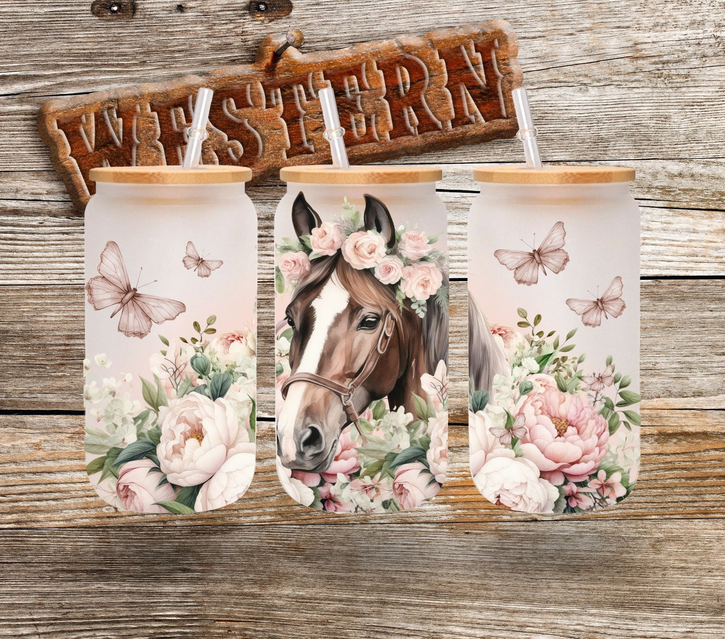 Horse and flowers - UV DTF 16oz Libbey wrap