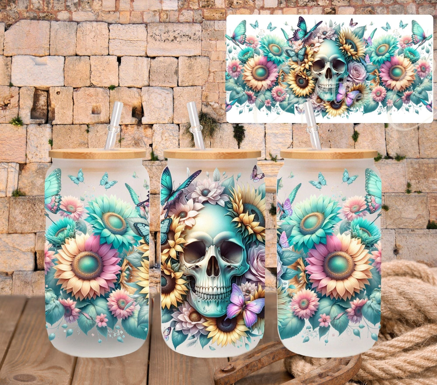Teal Floral Skeleton - UV DTF 16oz Libbey wrap
