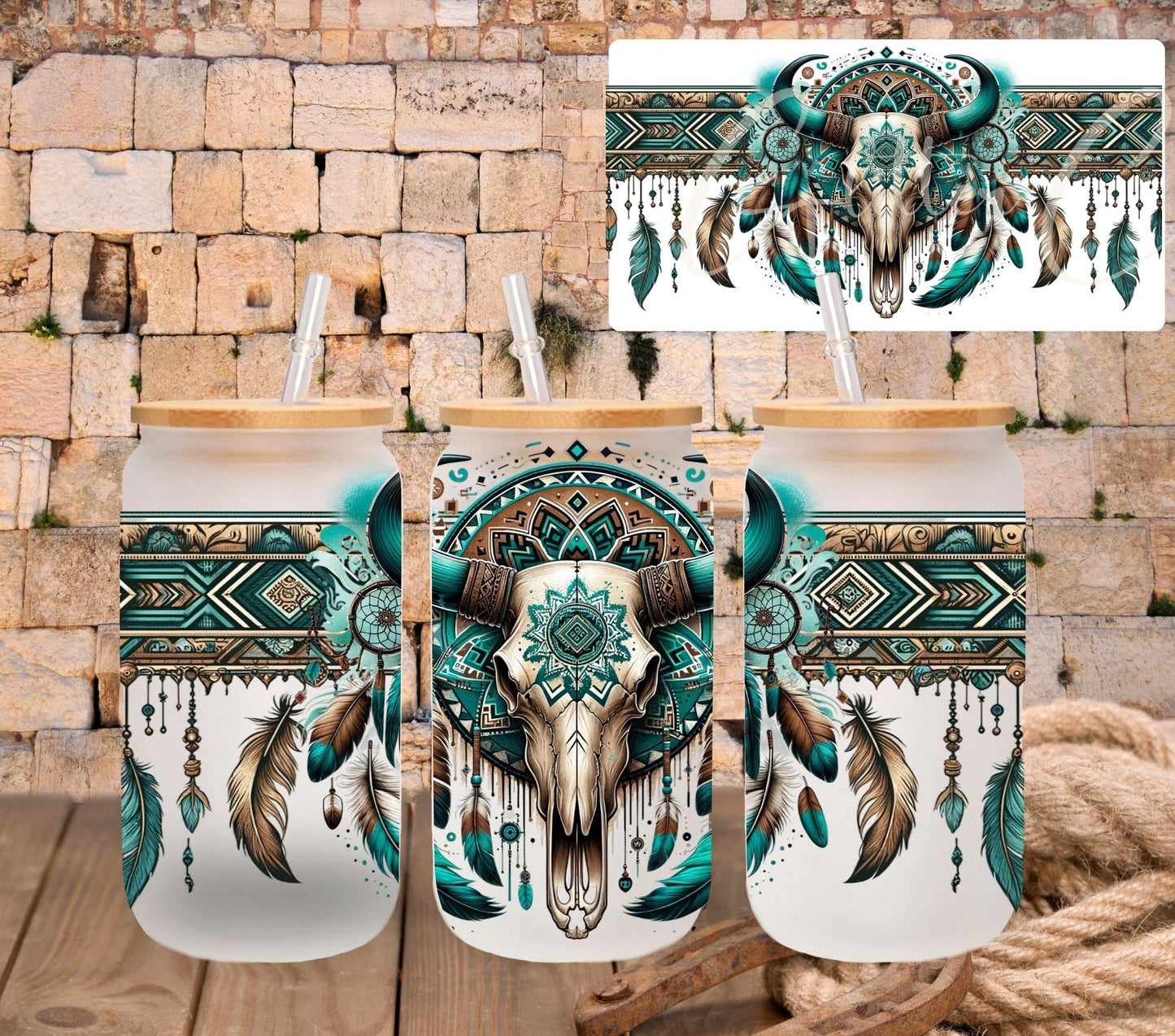 Boho teal Bull skull - UV DTF 16oz Libbey wrap