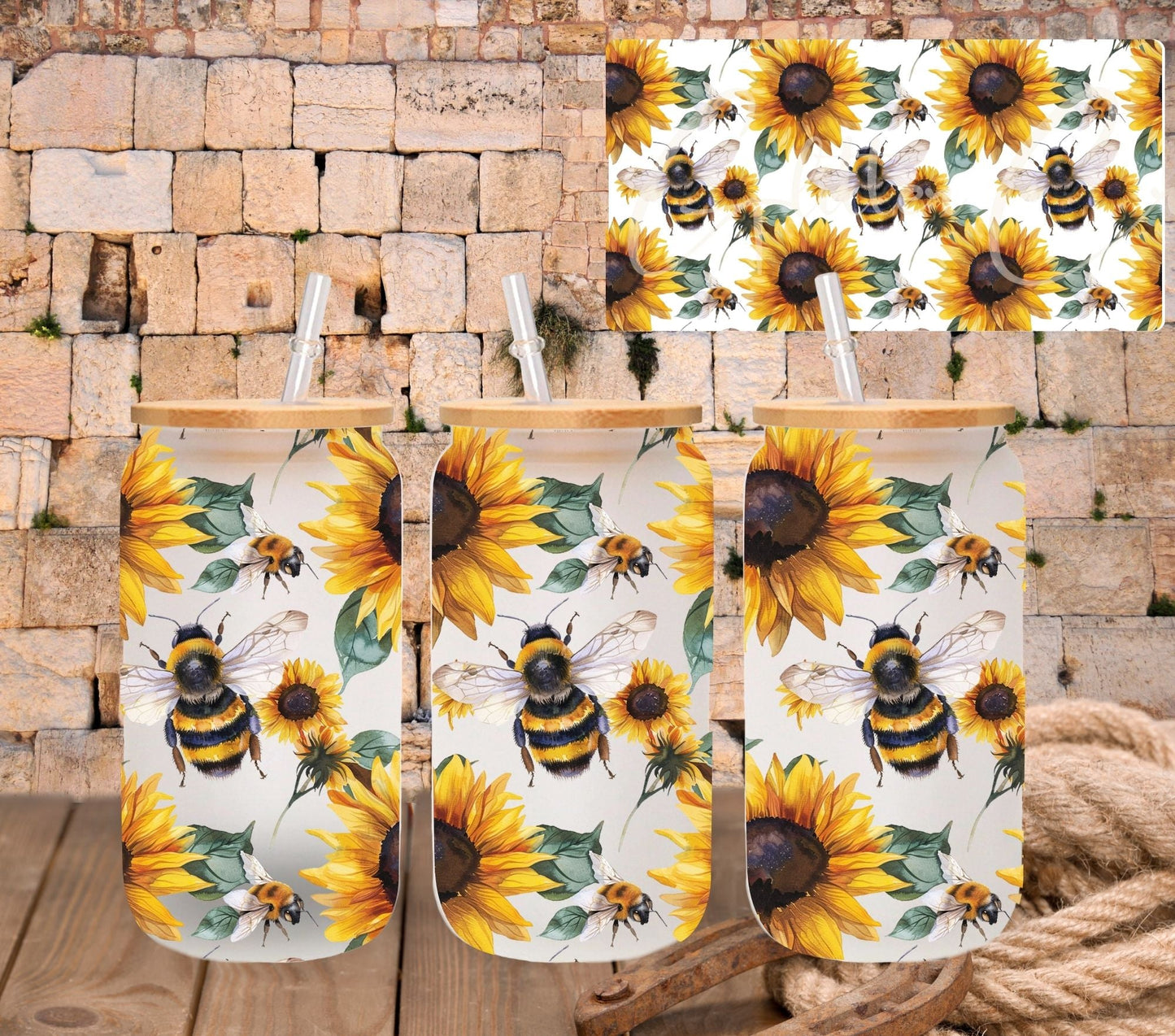 Bees and Sunflowers - UV DTF 16oz Libbey wrap