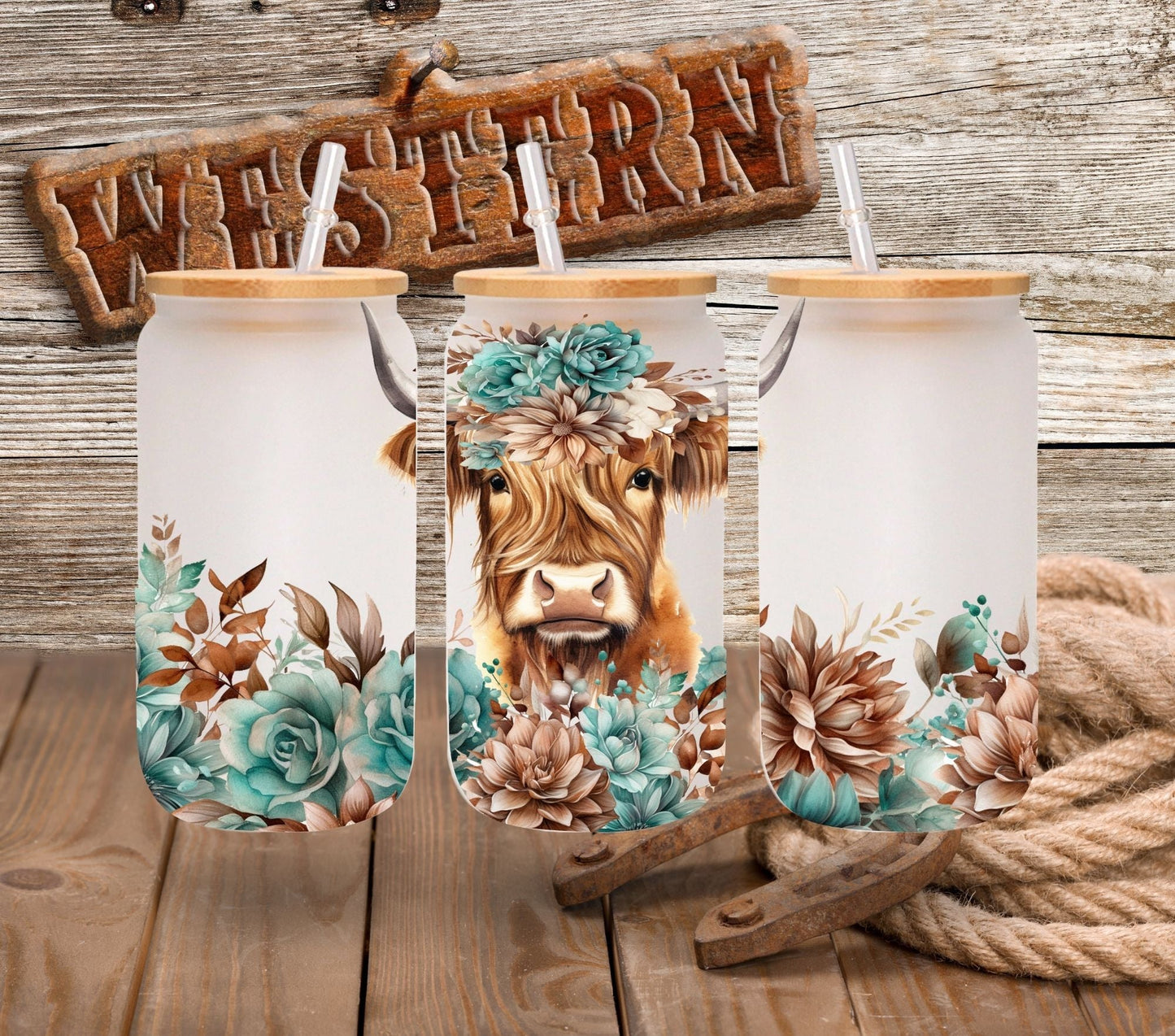 Teal Highland Floral - UV DTF 16oz Libbey wrap