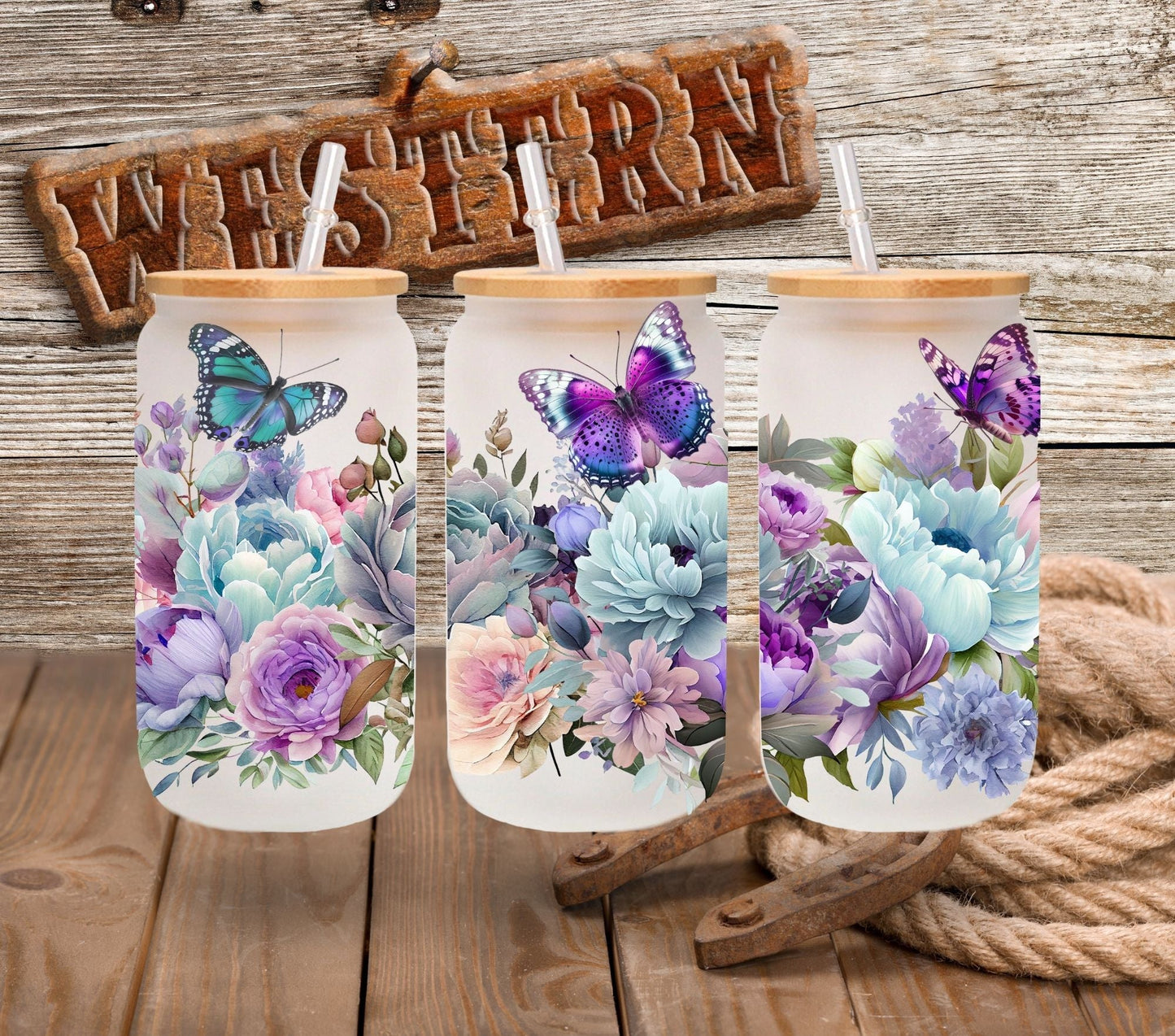 Purple Butterflies - UV DTF 16oz Libbey wrap