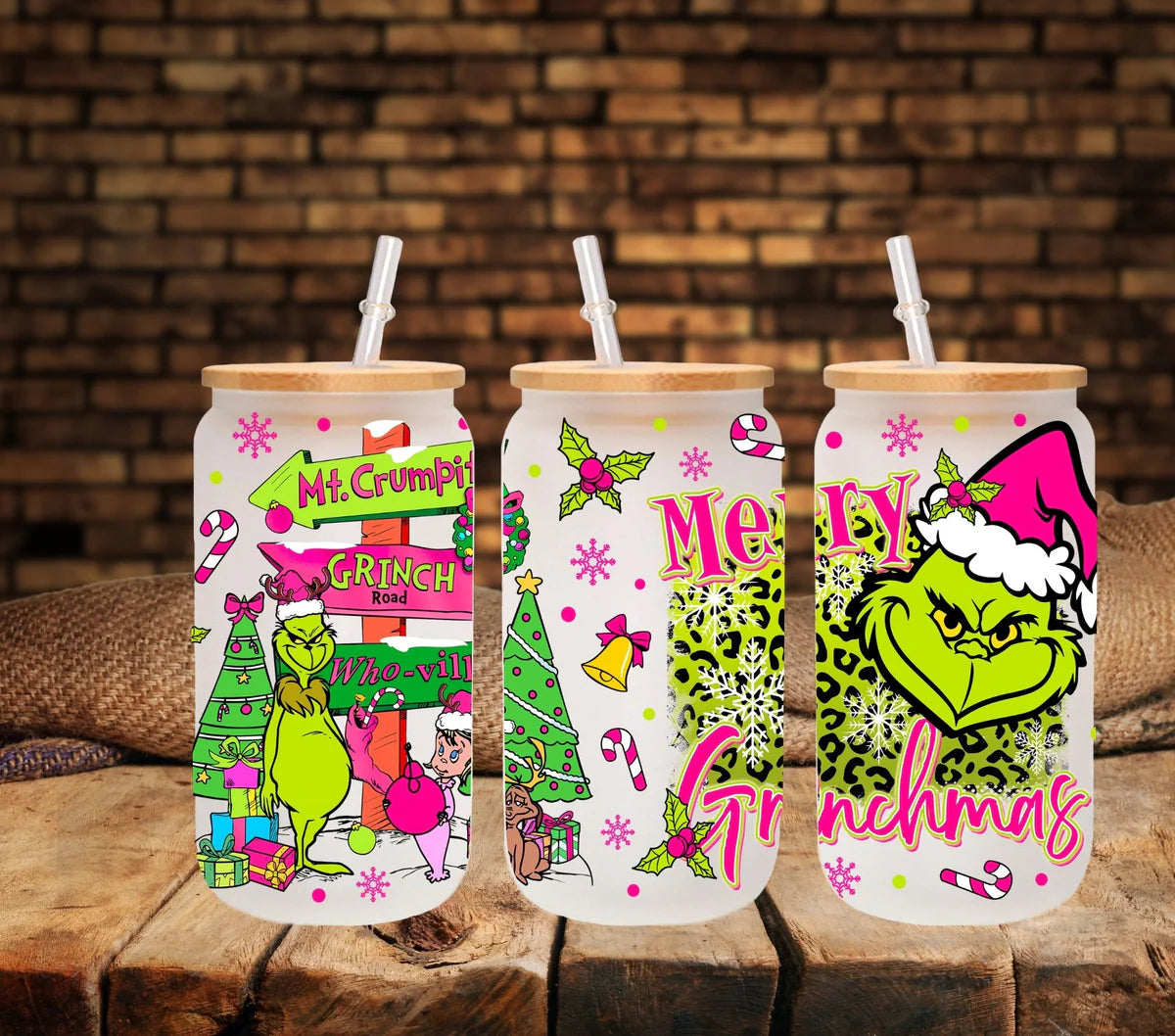 Merry Grinchmas Pink - UV DTF 16oz Libbey wrap