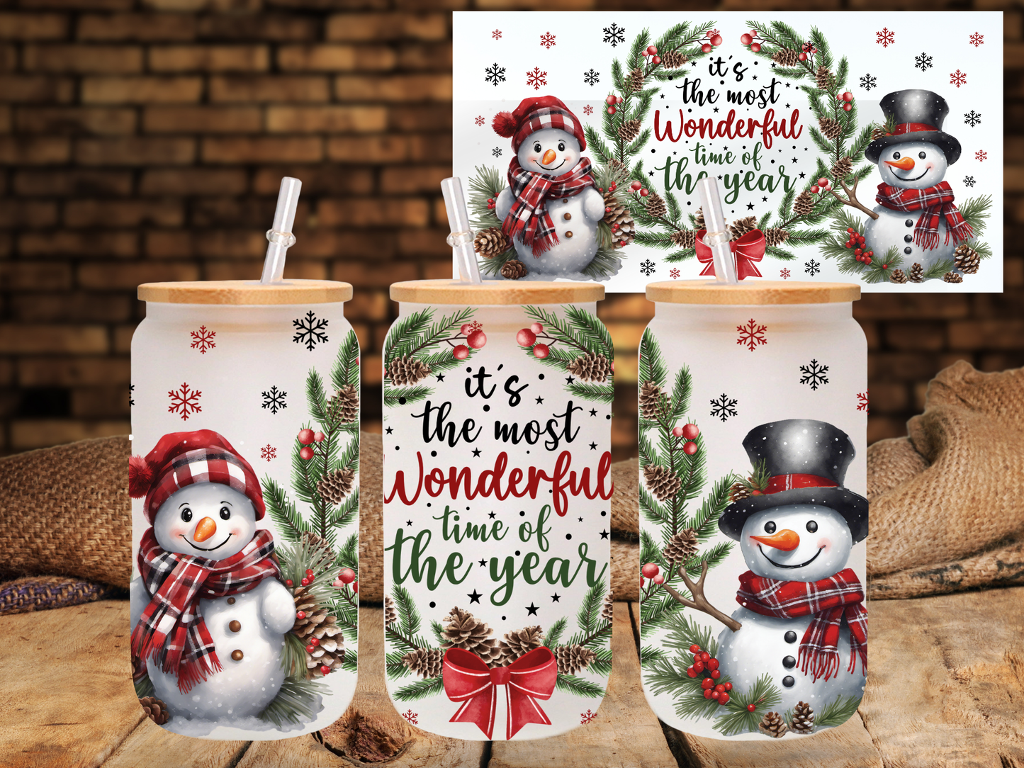 Most Wonderful time of the year snowman - UV DTF 16oz Libbey wrap