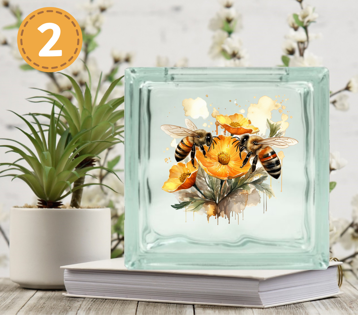 Watercolor Bees - UV DTF Glass Block Decal - 6.5 inches