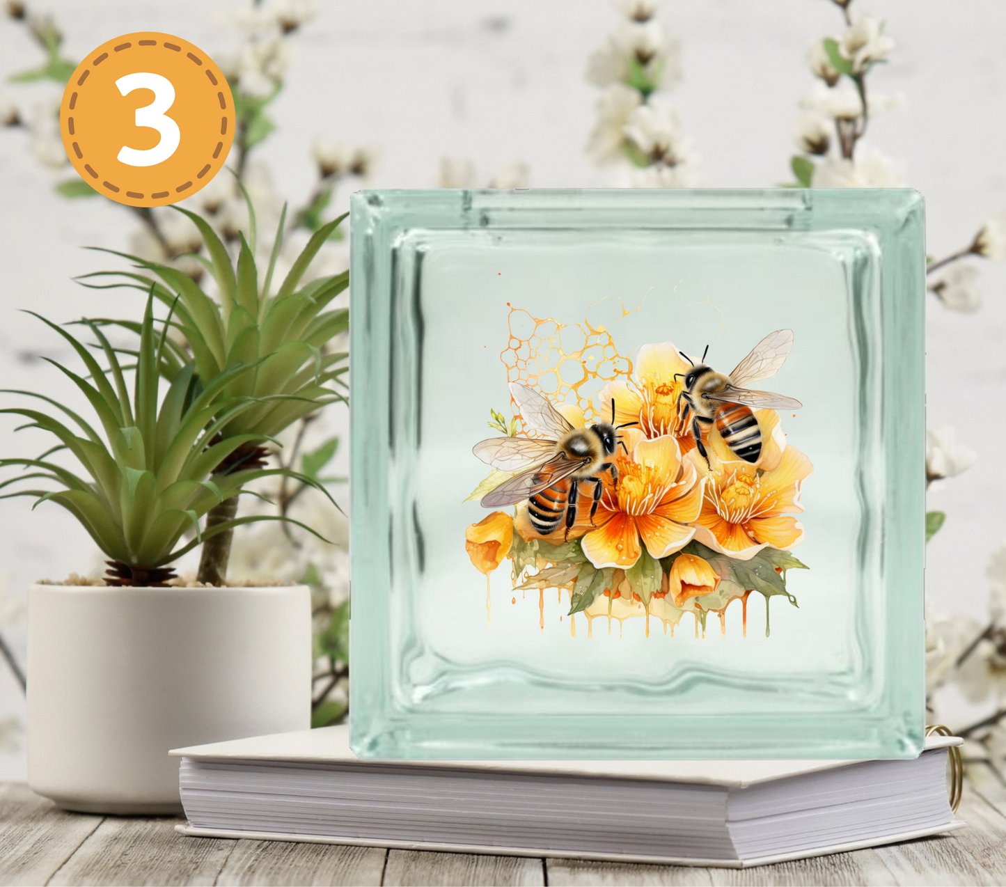 Watercolor Bees - UV DTF Glass Block Decal - 6.5 inches