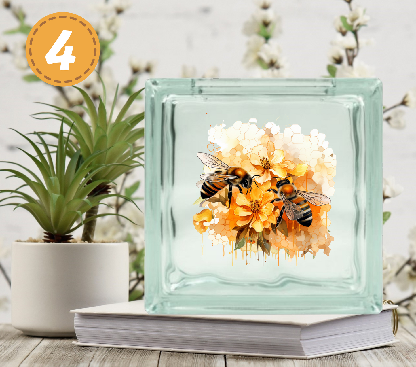 Watercolor Bees - UV DTF Glass Block Decal - 6.5 inches