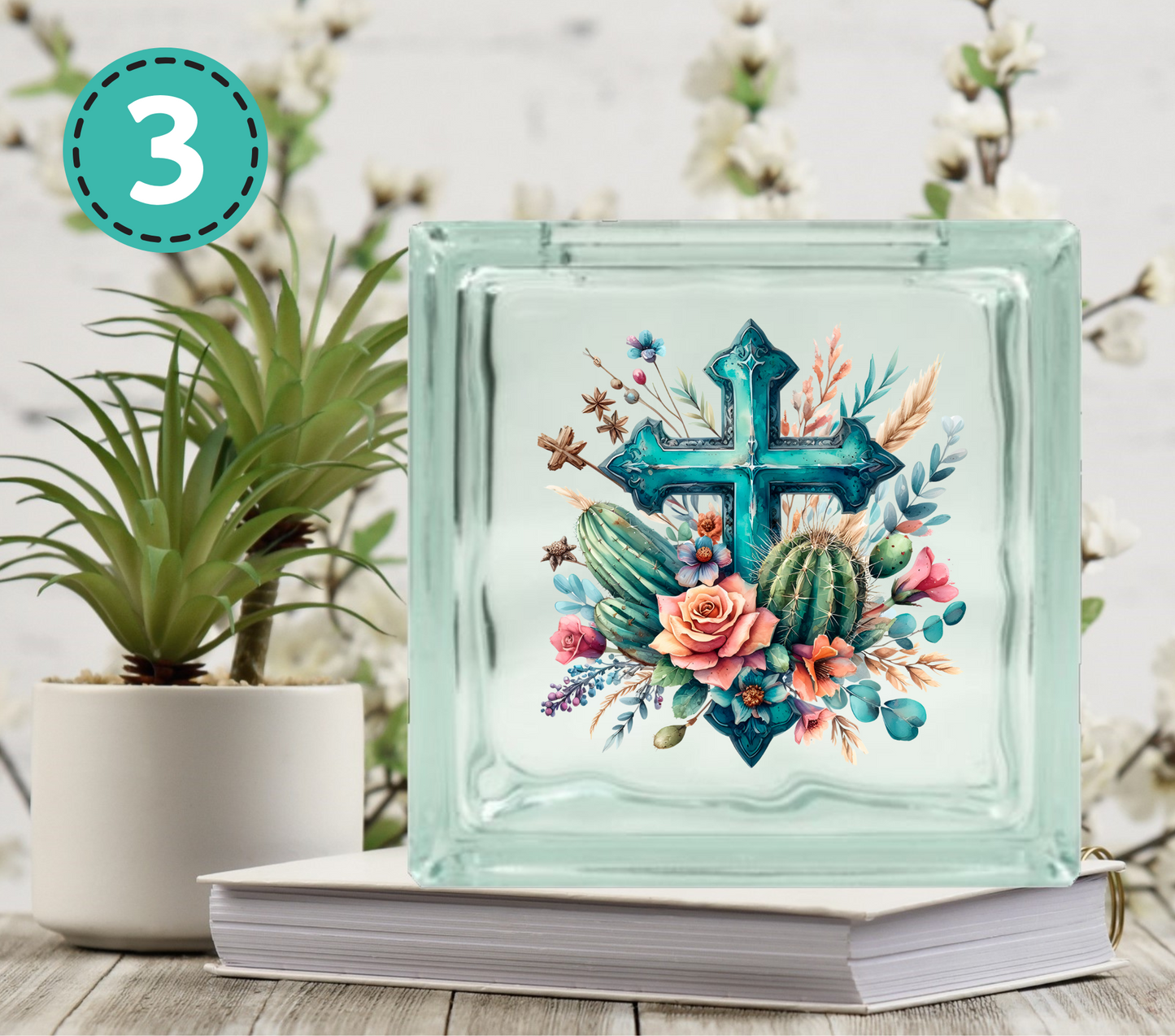 Turquoise Western - UV DTF Glass Block Decal - 6.5 inches