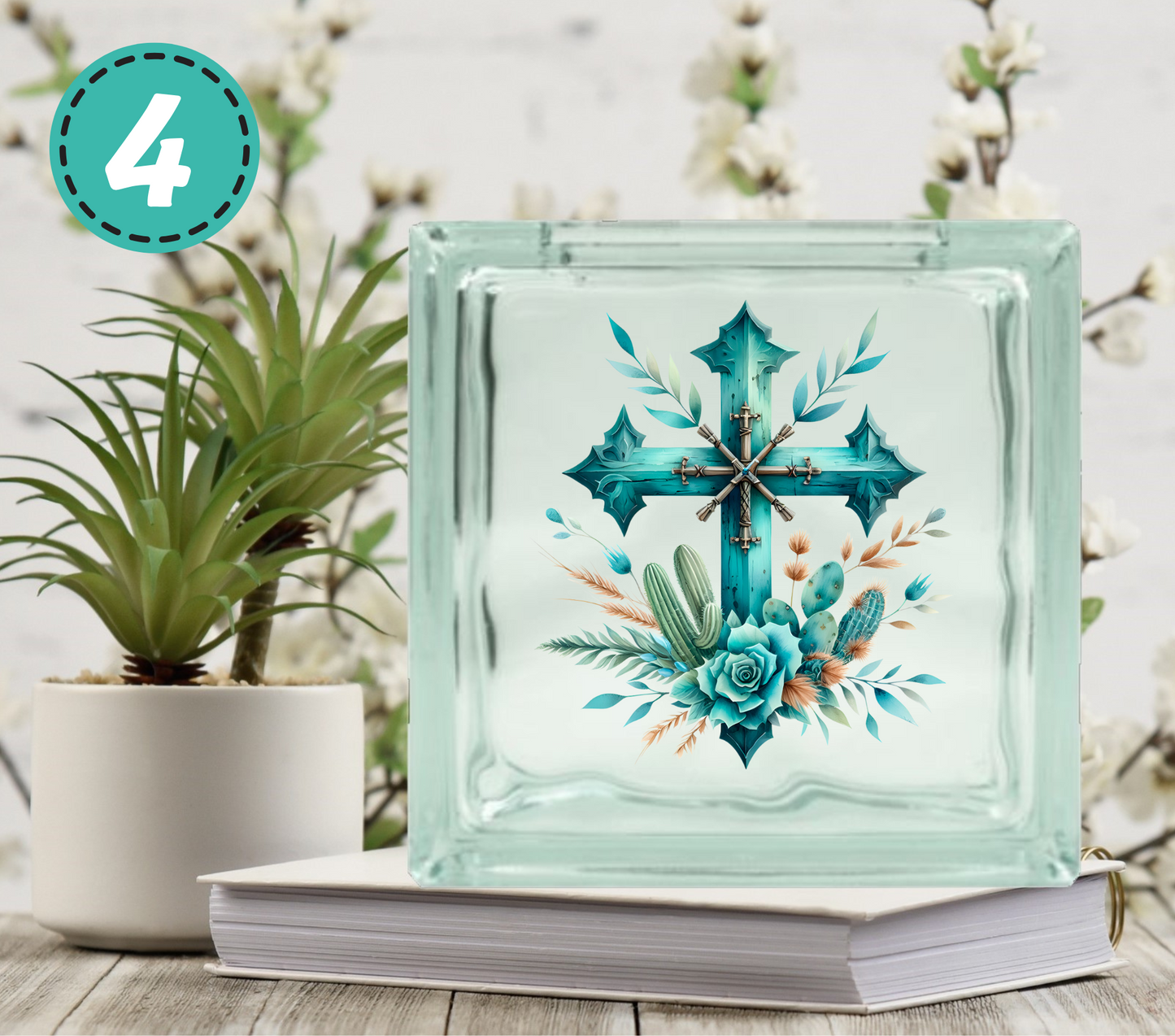 Turquoise Western - UV DTF Glass Block Decal - 6.5 inches