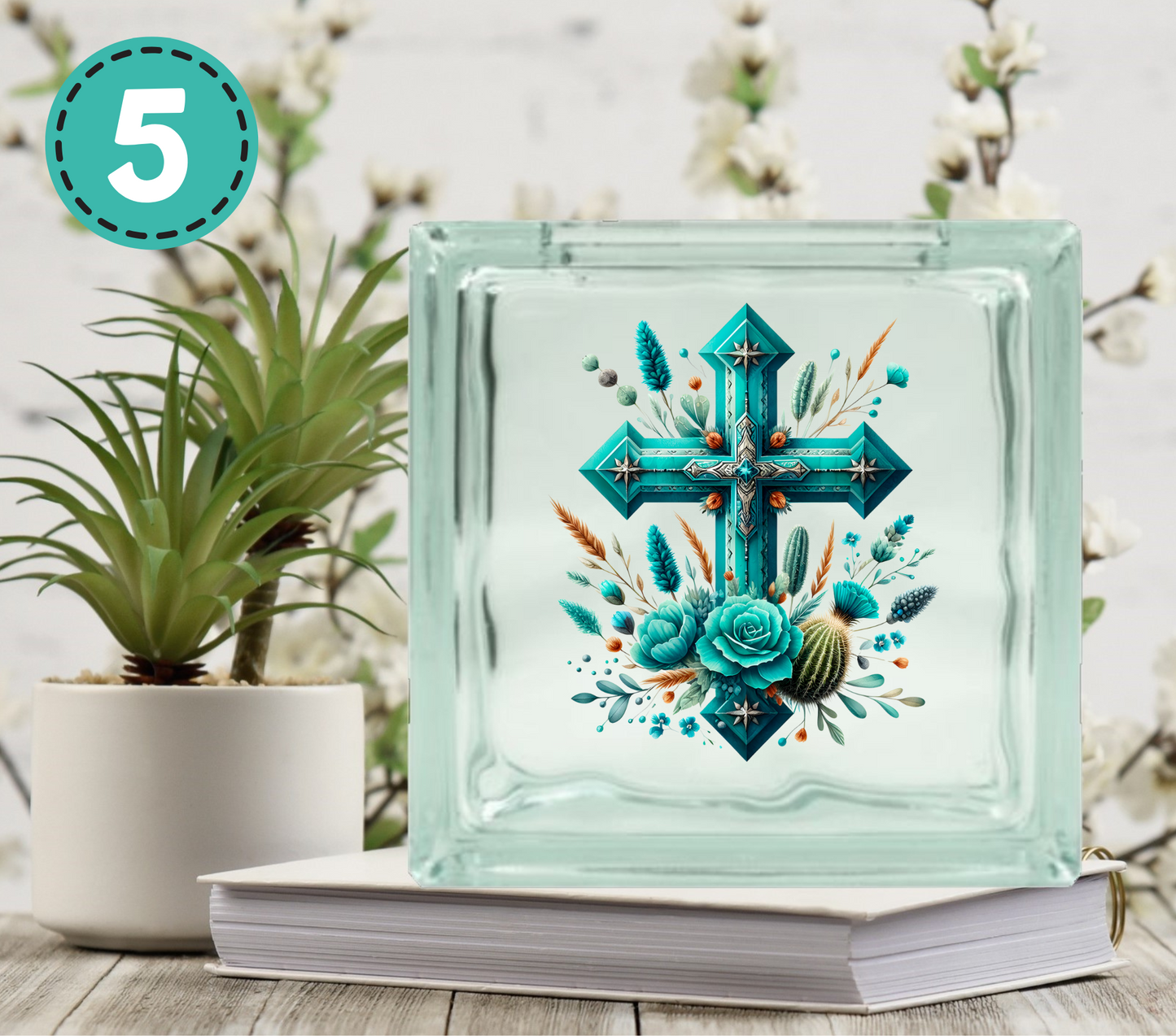 Turquoise Western - UV DTF Glass Block Decal - 6.5 inches