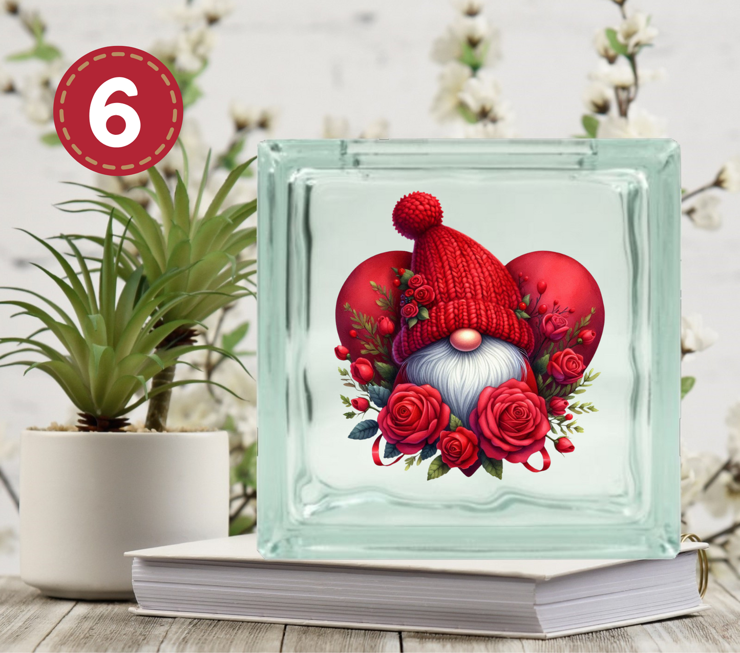 Valentines Day Gnomes - UV DTF Glass Block Decal - 6.5 inches
