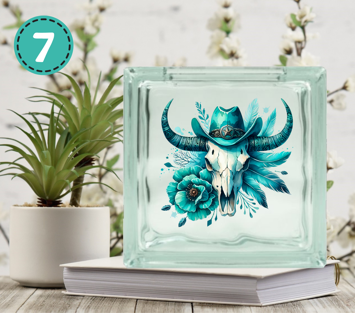 Turquoise Western - UV DTF Glass Block Decal - 6.5 inches