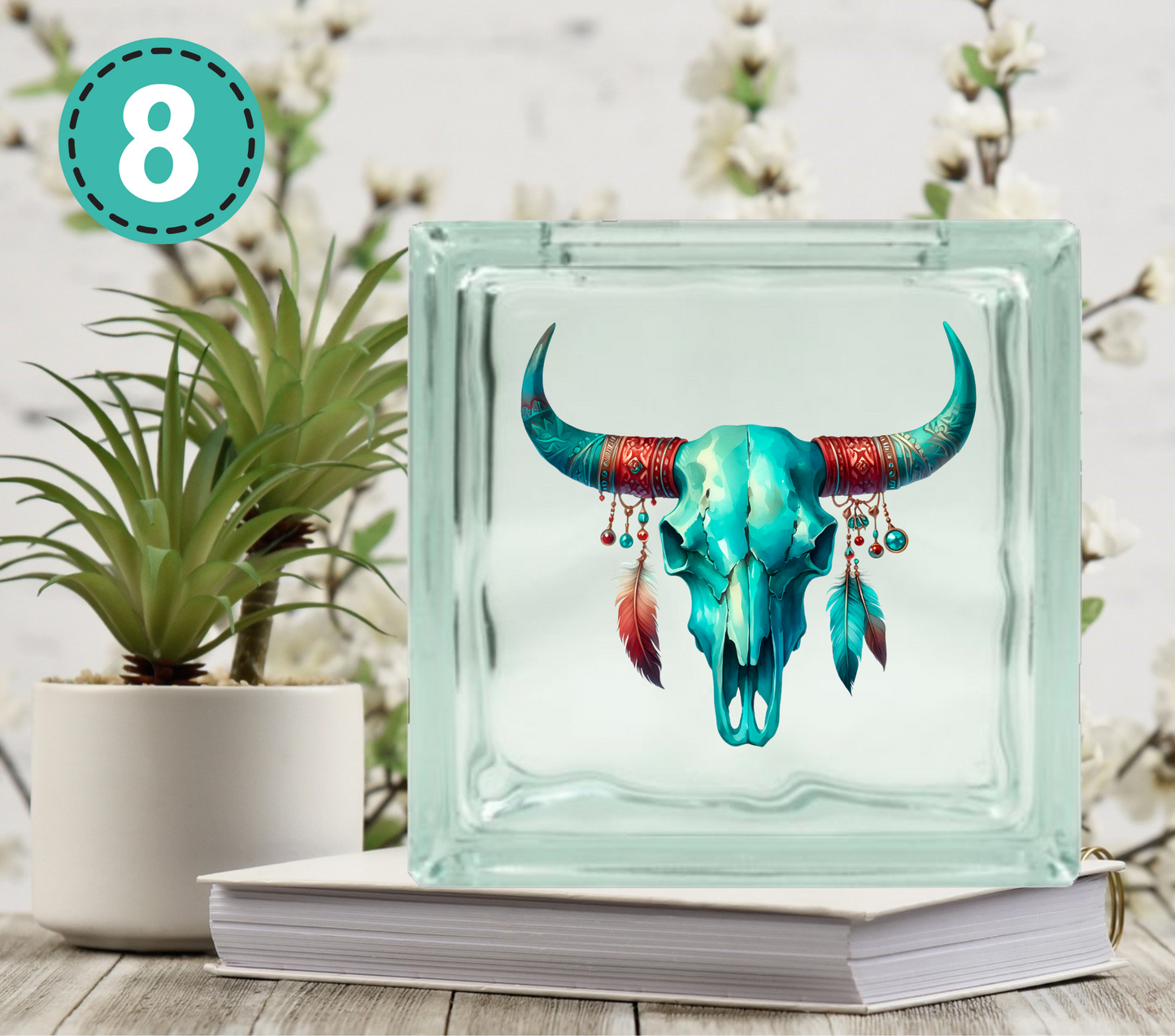 Turquoise Western - UV DTF Glass Block Decal - 6.5 inches