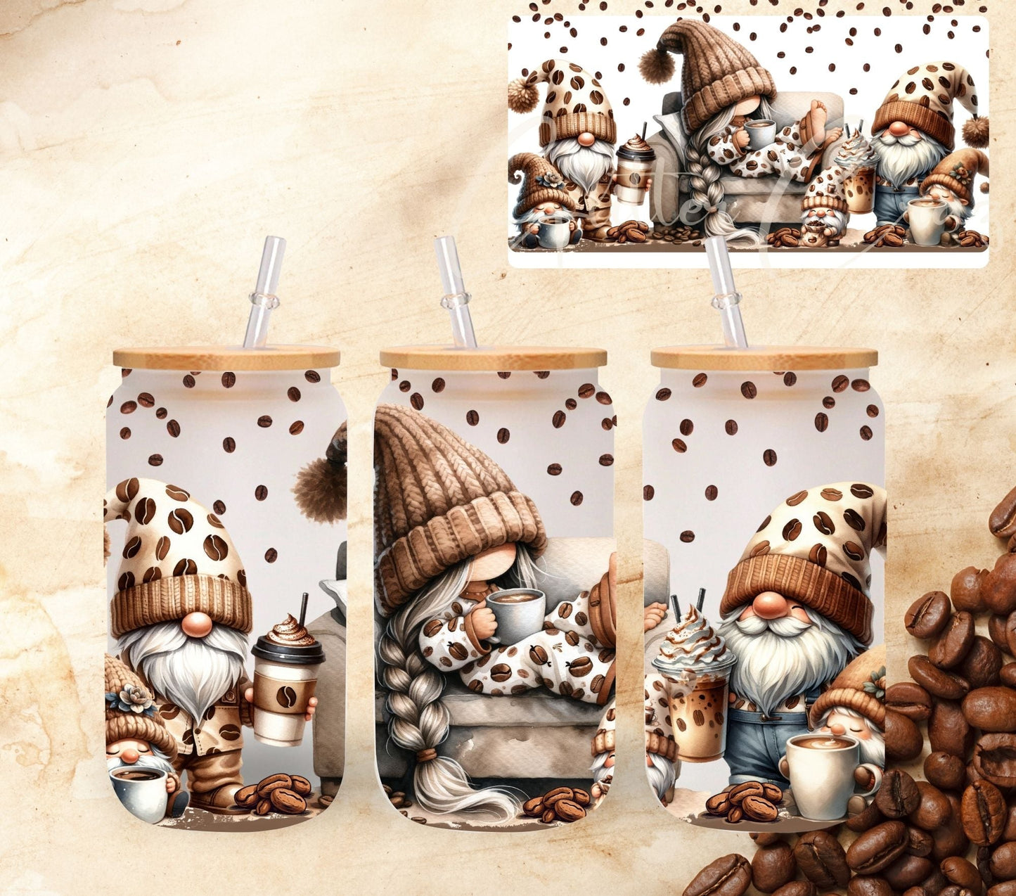 Gnomes and Coffee - UV DTF 16oz Libbey wrap