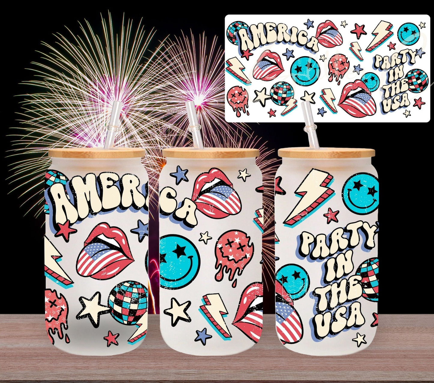 Party in the USA - UV DTF 16oz Libbey wrap