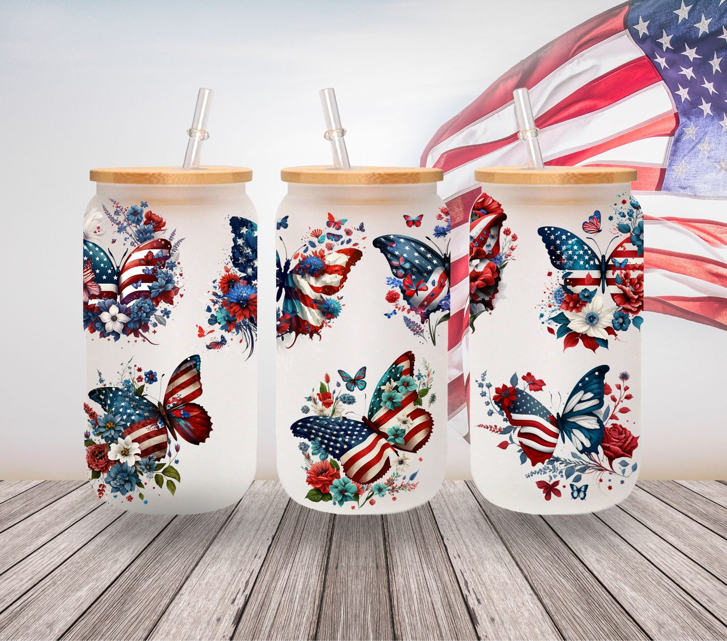 Patriotic Butterfly - UV DTF 16oz Libbey wrap