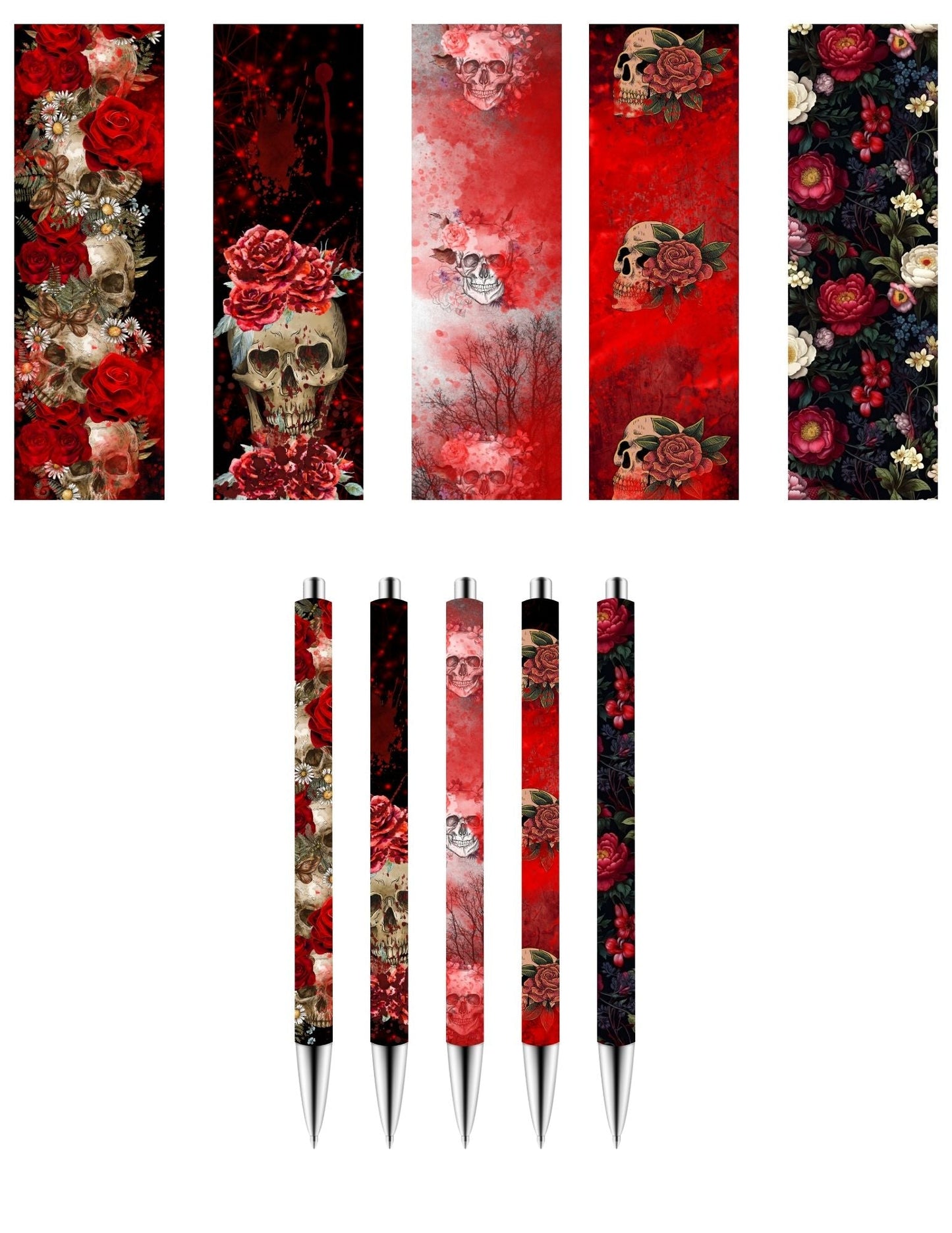 Gothic Skulls and Flowers - UV DTF Stainless Pen wraps - Set of 5