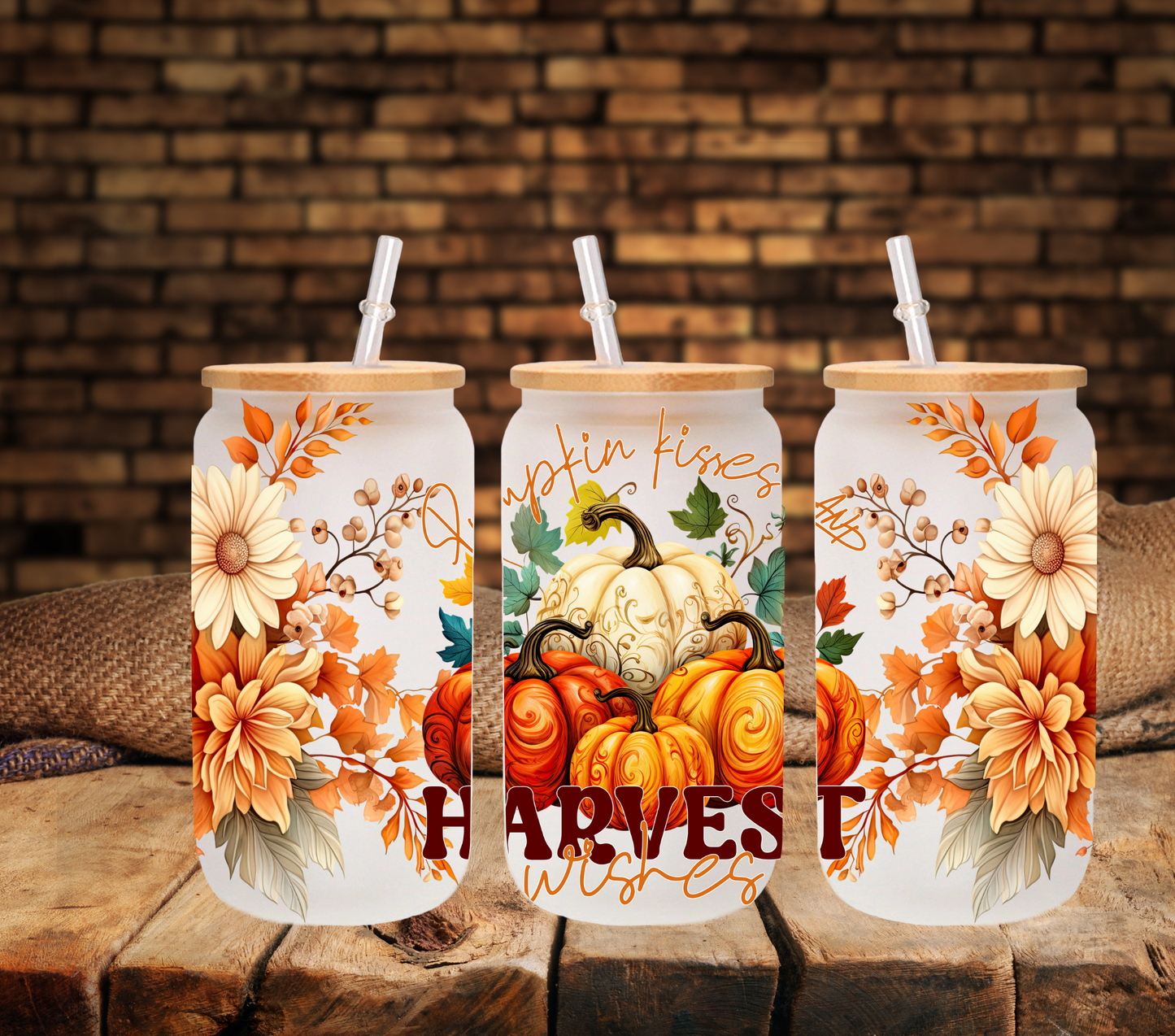 Pumpkin Kisses and Harvest Wishes - UV DTF 16oz Libbey wrap