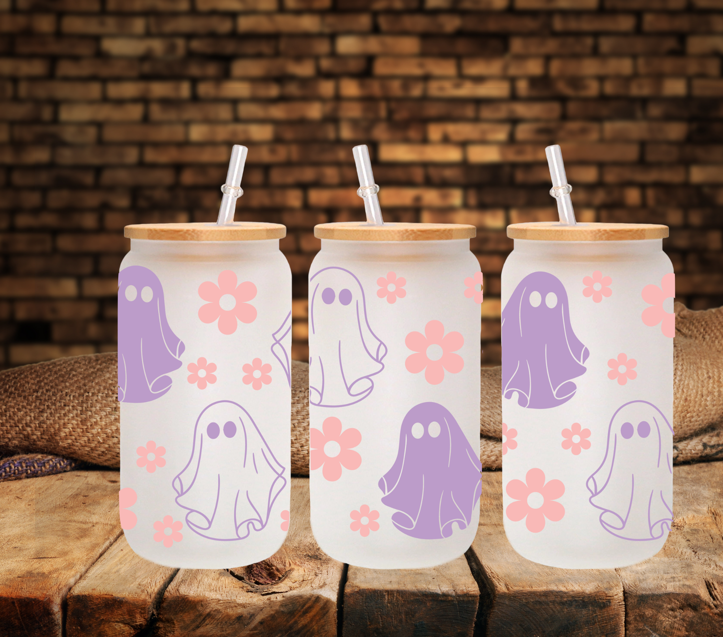 Purple Ghost and Flowers - UV DTF 16oz Libbey wrap