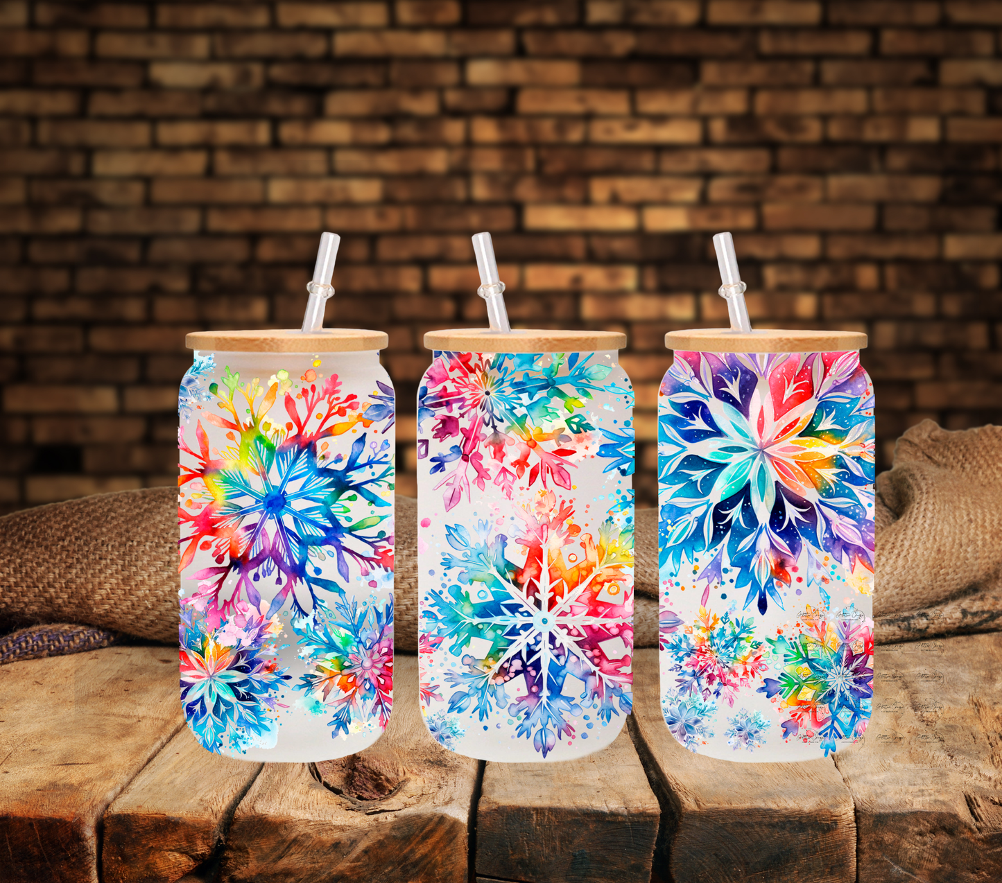 Rainbow Snowflakes - UV DTF 16oz Libbey wrap