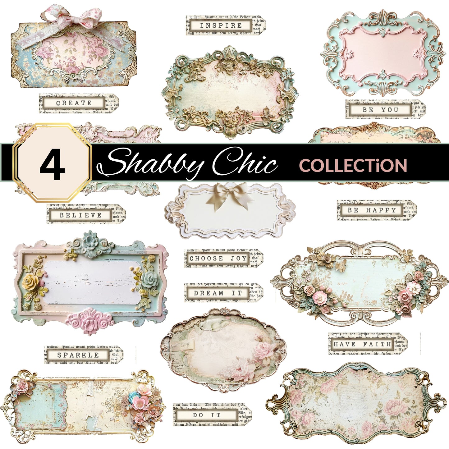 Shabby Chic UV DTF Decal Sheets 4 Designs