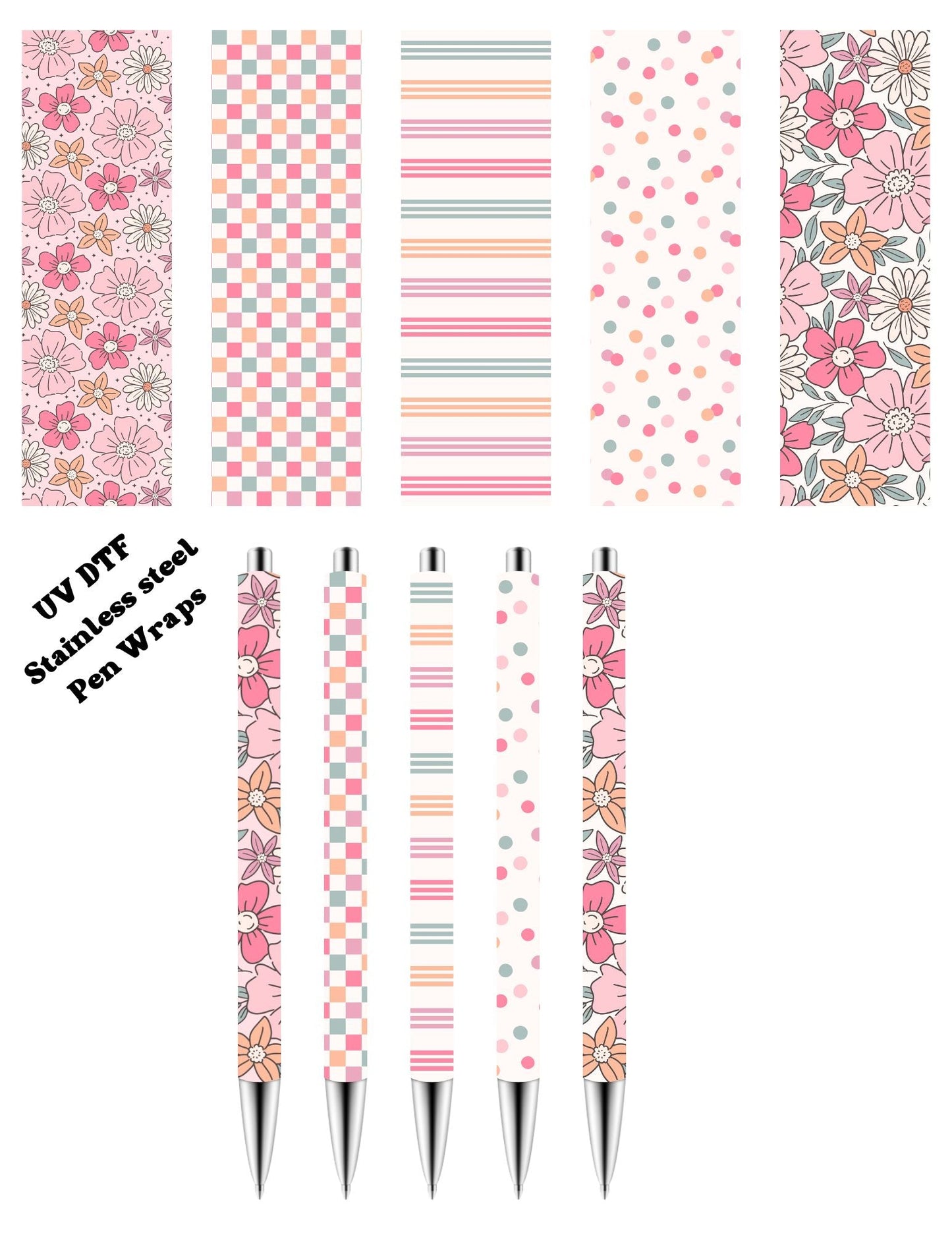 Retro Floral- UV DTF Stainless Pen wraps - Set of 5