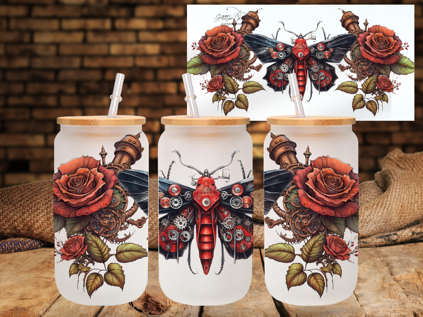 Steampunk Butterfly - UV DTF 16oz Libbey wrap