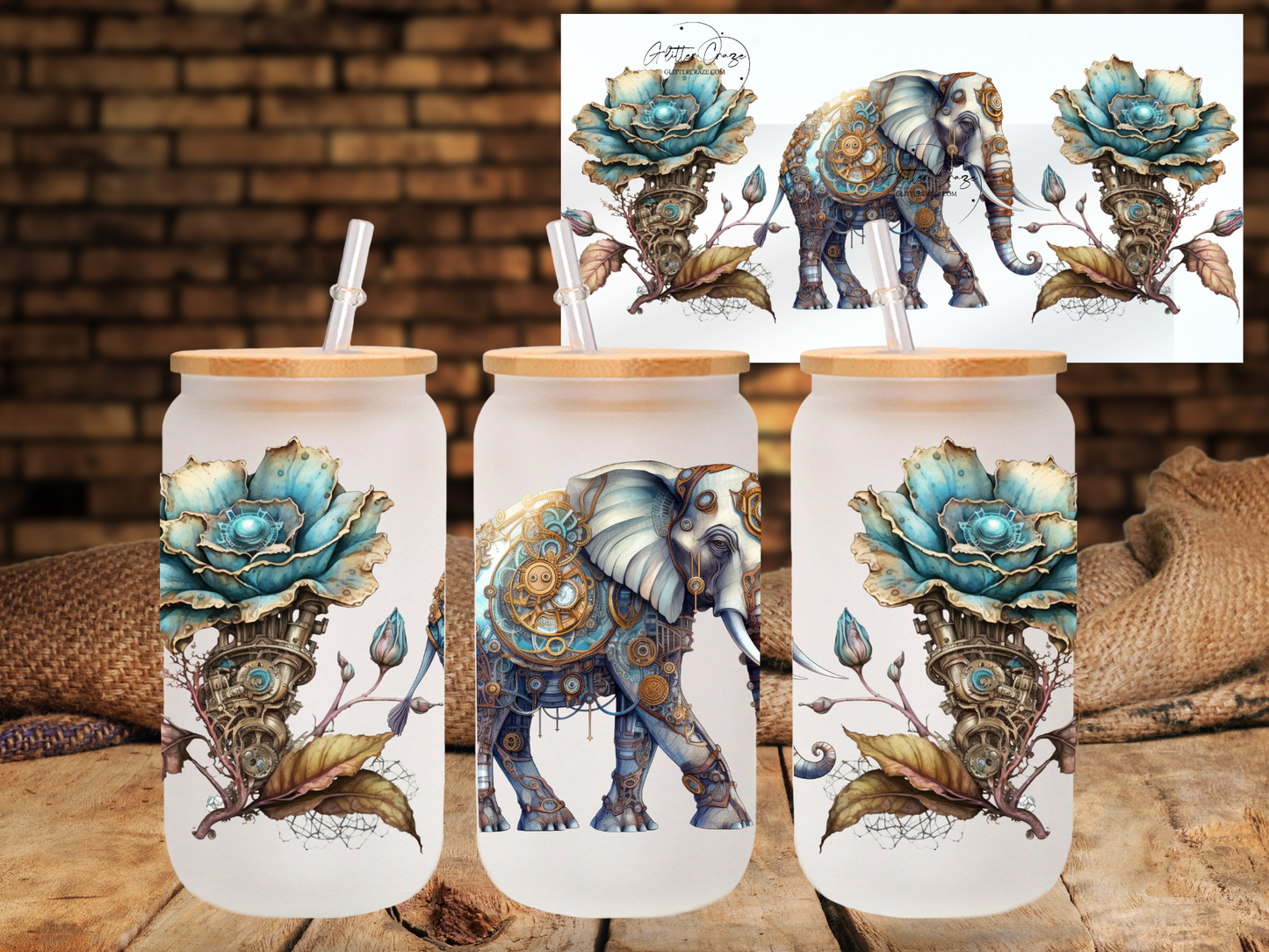 Steampunk Elephant - UV DTF 16oz Libbey wrap