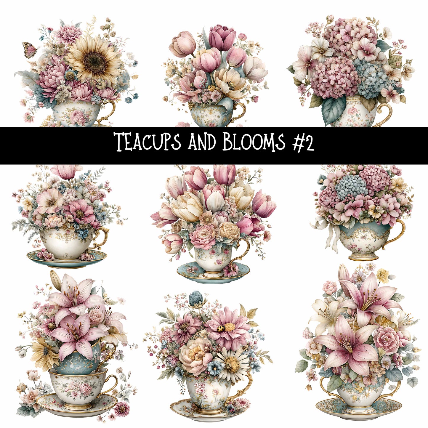 Teacups and Blooms UV DTF Decal sheets 2 design Options available