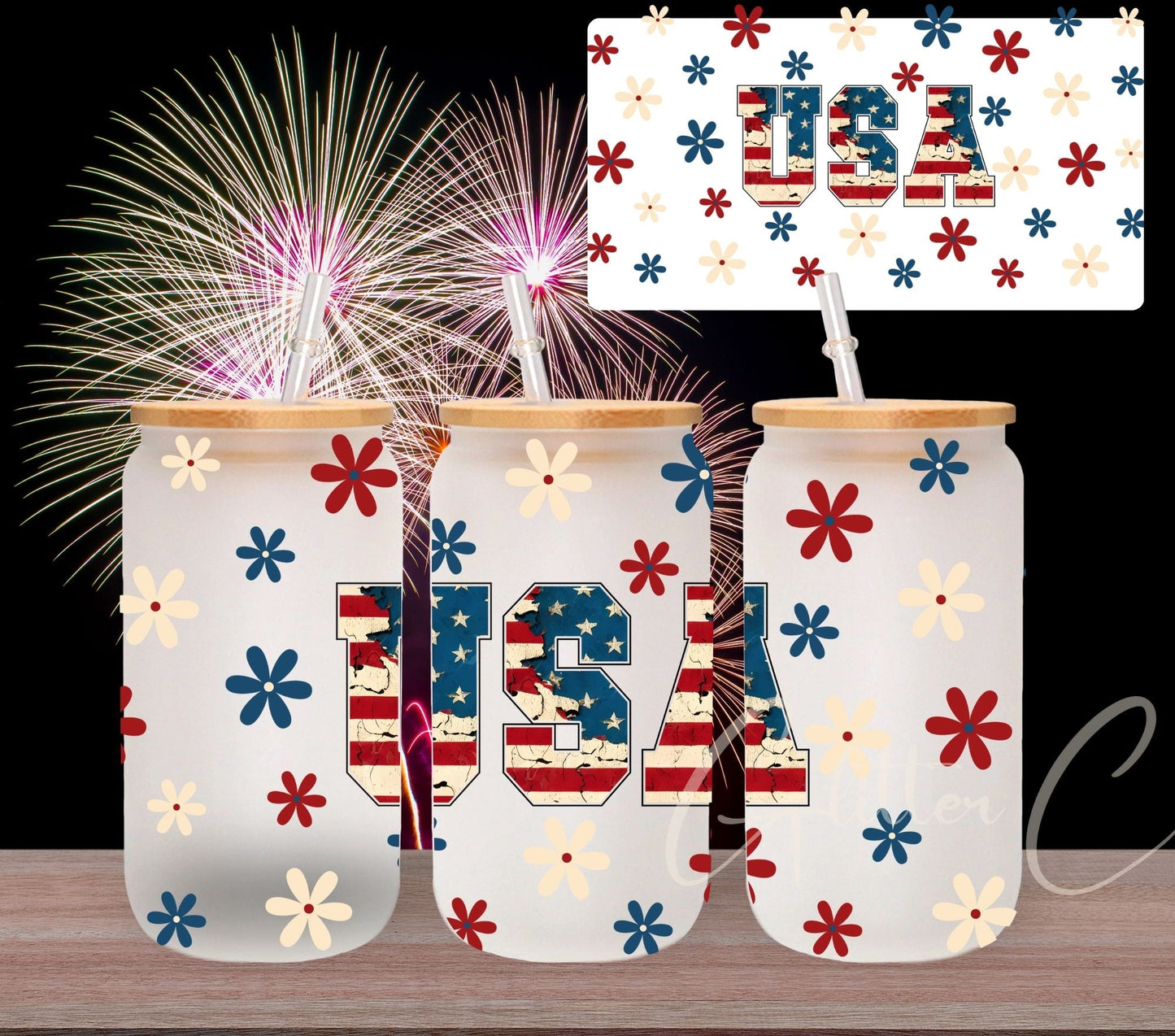 USA Flowers- UV DTF 16oz Libbey wrap